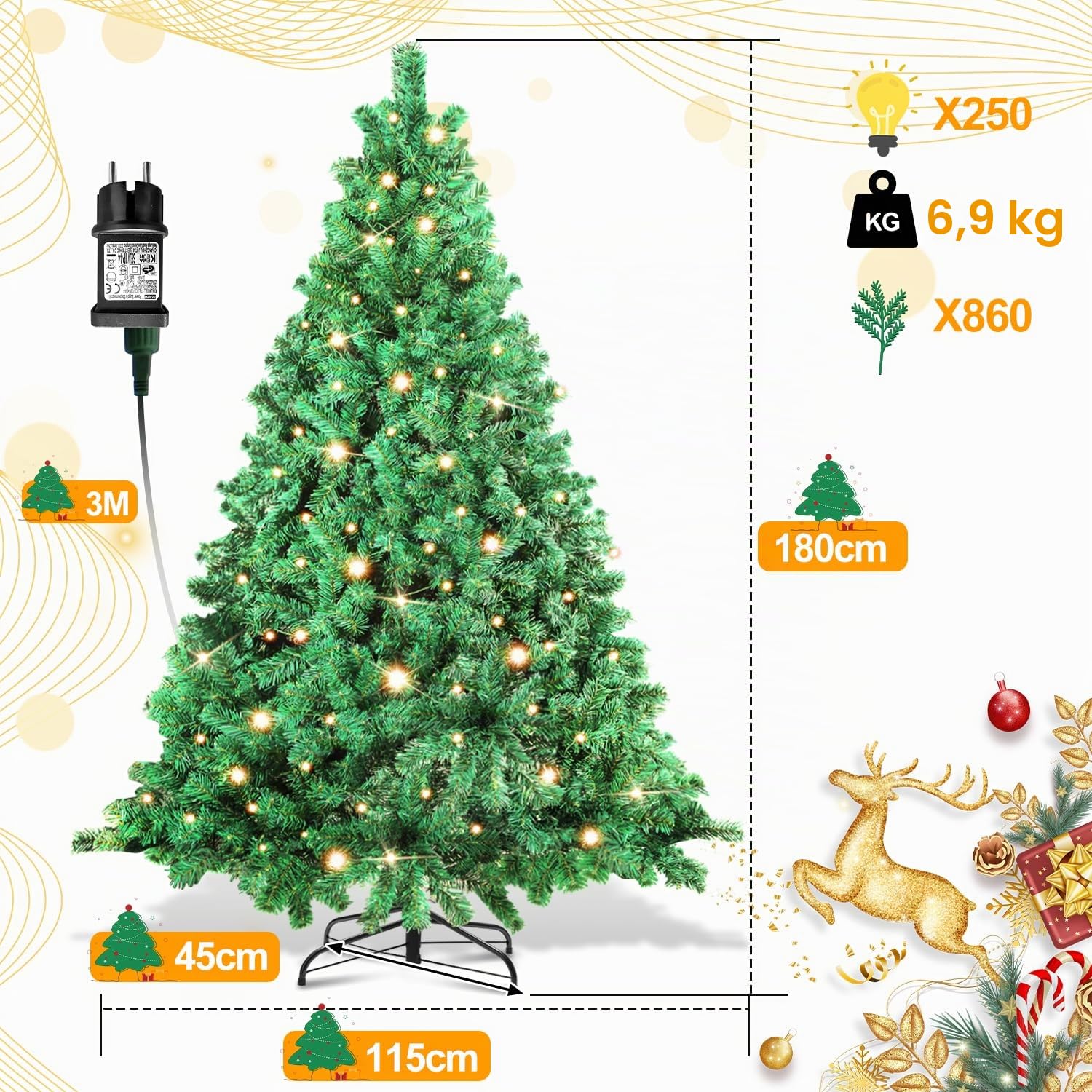 Randaco Árbol de Navidad Artificial con iluminación, 180 cm, 860 Puntas con despliegue automático, de PVC, 250 ledes, luz Blanca cálida, Incluye Soporte de Metal, difícilmente inflamable