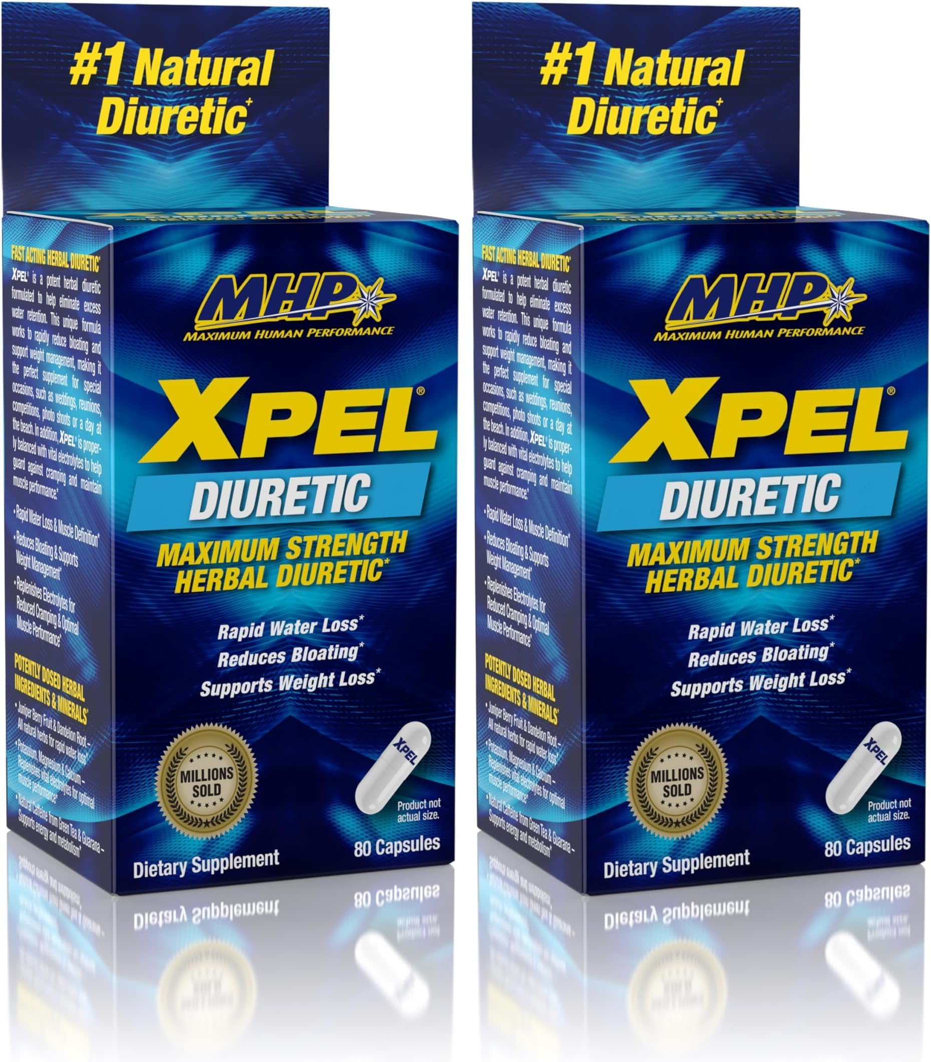 Xpel Maximum Strength Diuretic Water Pills, for Water Retention Relief, Weight Loss Support, with Vitamin B-6 Potassium Dandelion Root, 80 Capsules, (Pack of 2)
