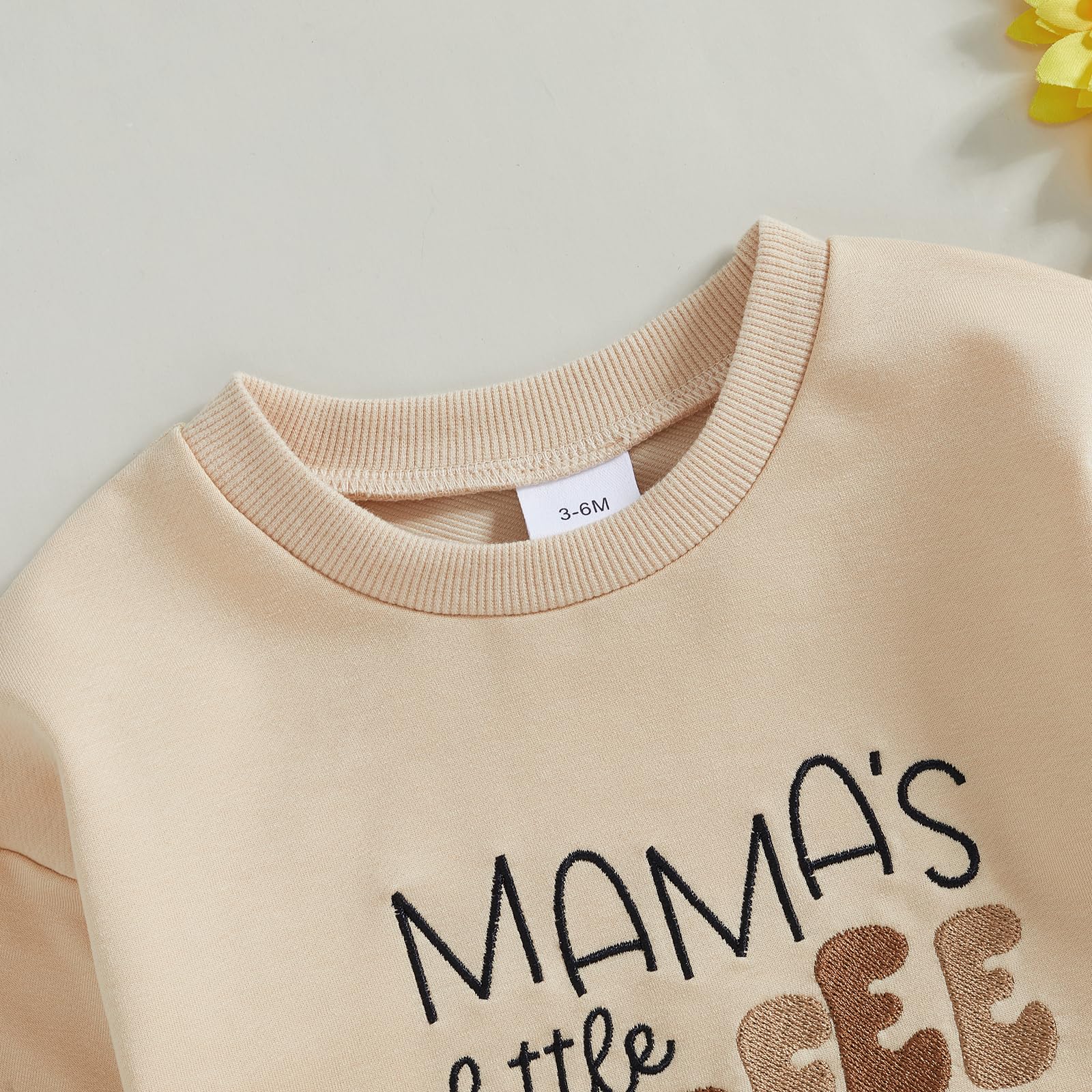 Lamuusaa Newborn Baby Girl Boy Clothes Little Bean Embroidery Romper Long Sleeve Bodysuit Crewneck Sweatshirt Fall Outfit (Khaki, 0-3 Months)