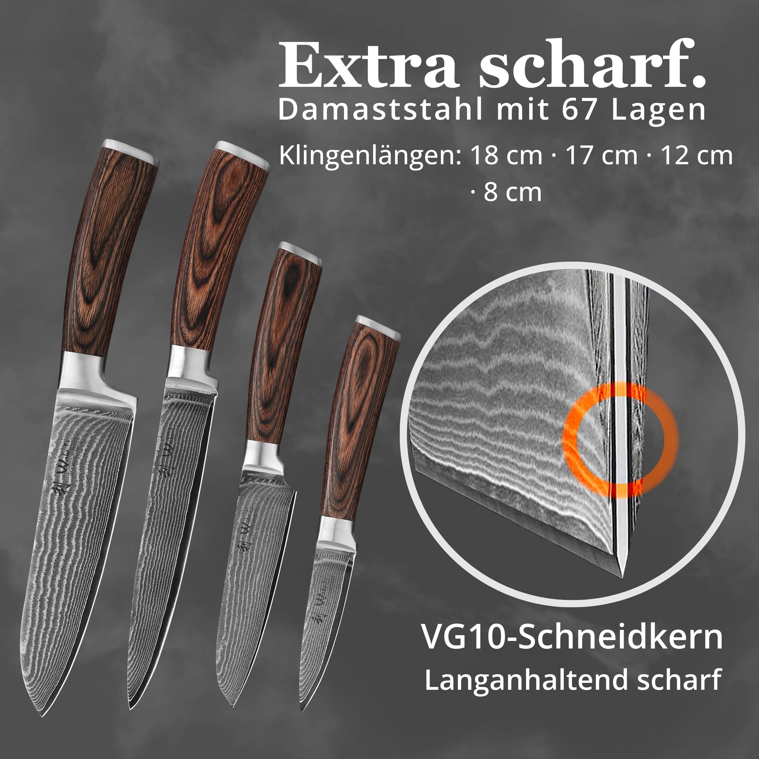 Wakoli EDIB 4-teiliges Küchenmesser Set aus Damaststahl (VG10 Kern) in edler Geschenkbox – Scharfes Damastmesser Set mit Pakkaholzgriffen – Messerset mit 2x Santoku, Fleischmesser & Officemesser