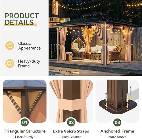 Vista 139 de Aoxun - Gazebo con techo rígido para jardines, patios con cemento o césped, pabellón permanente de policarbonato con doble techo, marco de aluminio