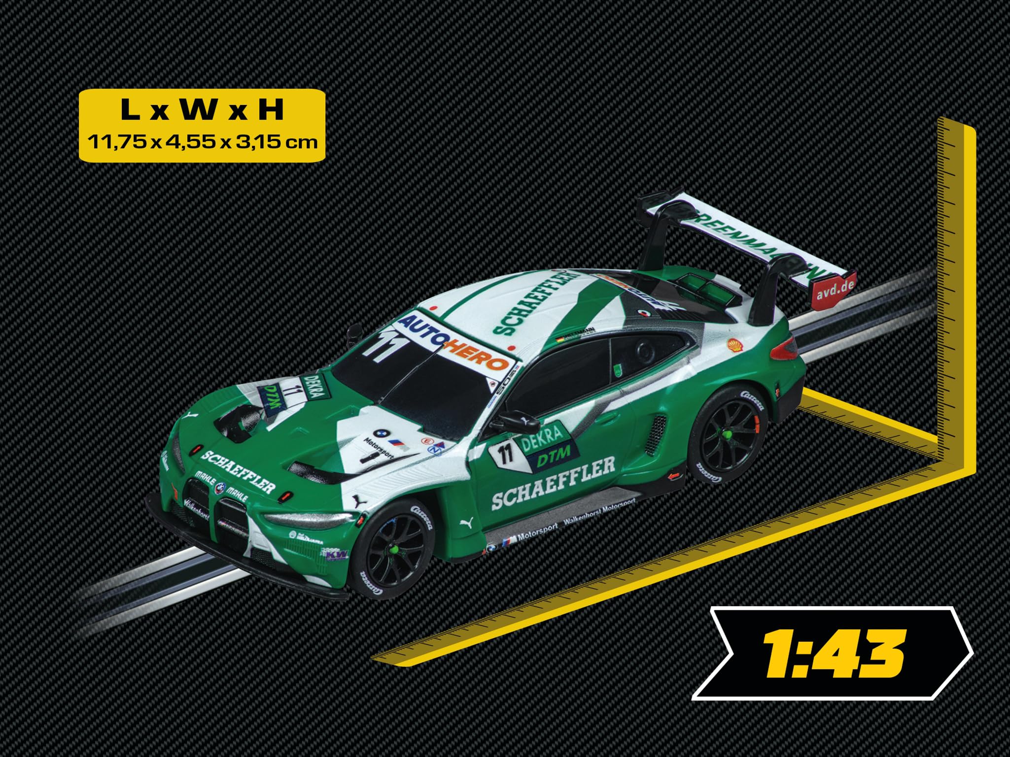 Carrera 20064225 BMW M4 GT3 Schubert Motorsport wyścigówka w skali 1:43 prawdziwa licencja wierny szczegółowo srebrny zielony lakier sportowe i autentyczne wzornictwo gotowy do wyścigu tor wyścigowy