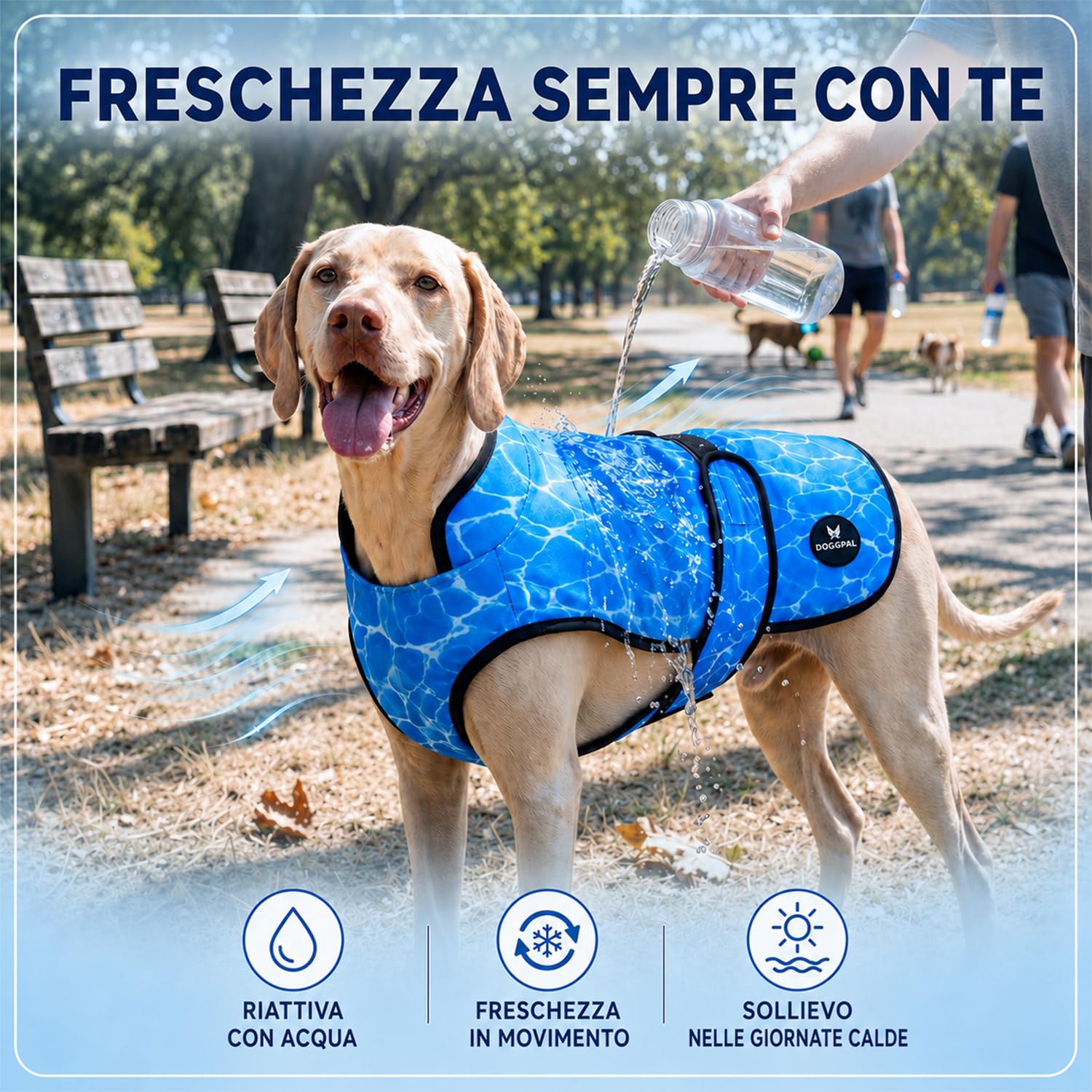 DOGOPAL Gilet Refrigerante per Cani, Giubbotto Rinfrescante Attivato dall'Acqua con Protezione UV, Maglia Estiva Leggera e Traspirante con Collo Alto per il Caldo, Passeggiate e Outdoor (Blu, XL)