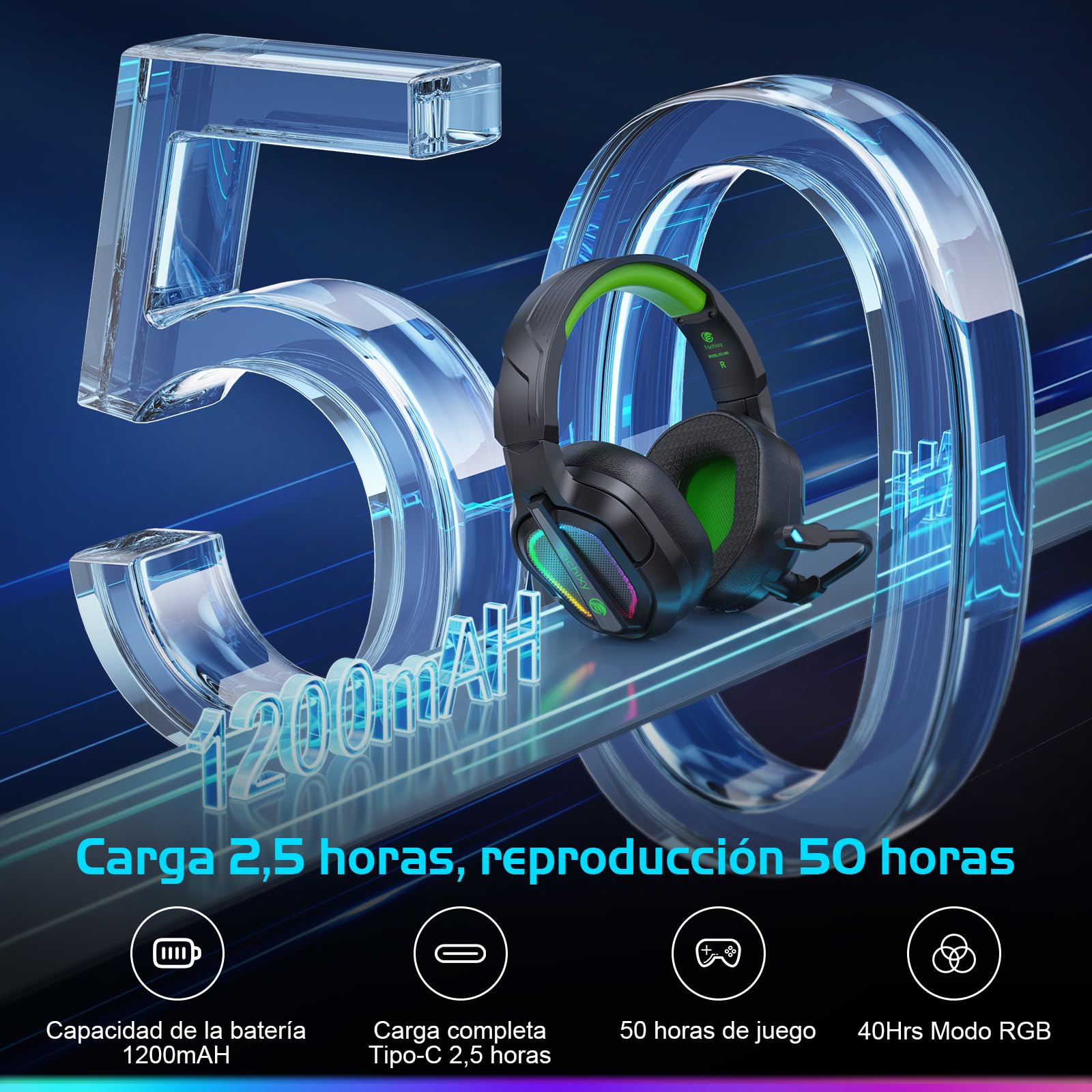 Fachixy「2025 Nuevo」FC200 Cascos Gaming Inalámbricos para PC, PS5, PS4, Auriculares Gaming Inalámbricos de 2,4GHz Wireless+Bluetooth - Baja Latencia, Duración 40Hr+, Luces RGB (Verde-Negro)