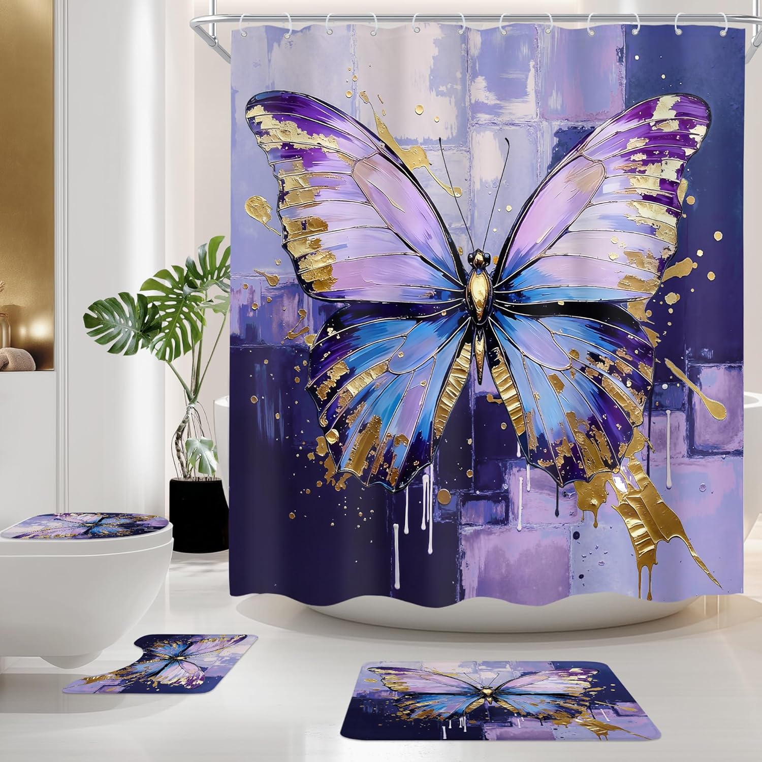Cinbloo 4Pcs Purple Butterfly Shower Curtain Set, Modern Lilic Golden Oil Painting Natural Abstract Bathroom Curtain with Rug, Toilet Lid Cover, Bath Mat, Aesthetic Shower Curtain with 12 Hooks