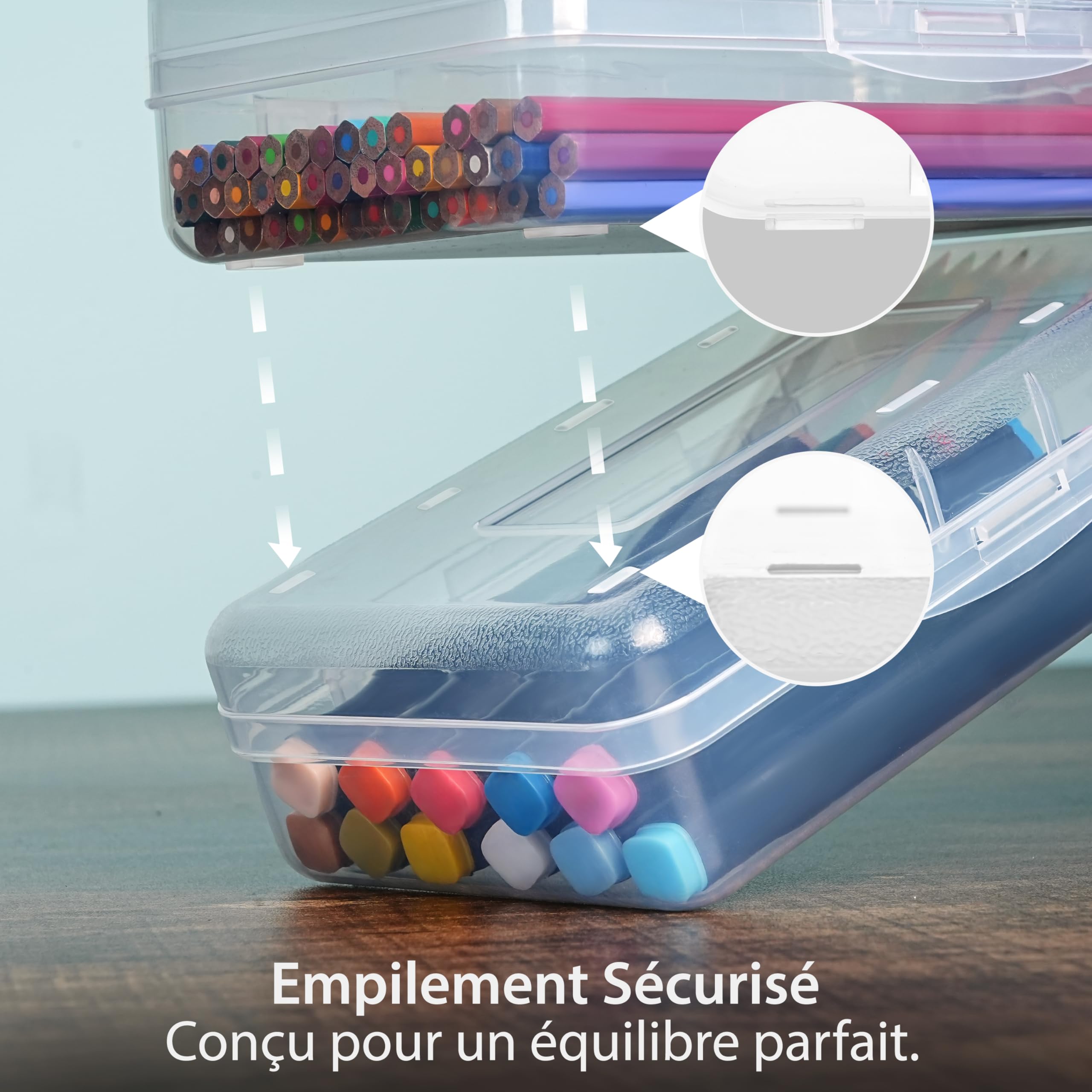 Winter Shore Boite Rangement Feutre en Plastique, Large Capacité (Lot de 4) | Rangement Stylo Bureau Transparent & Rigide avec Couvercle Fermé, Boites Empilables, Jusqu'à 100 Crayons