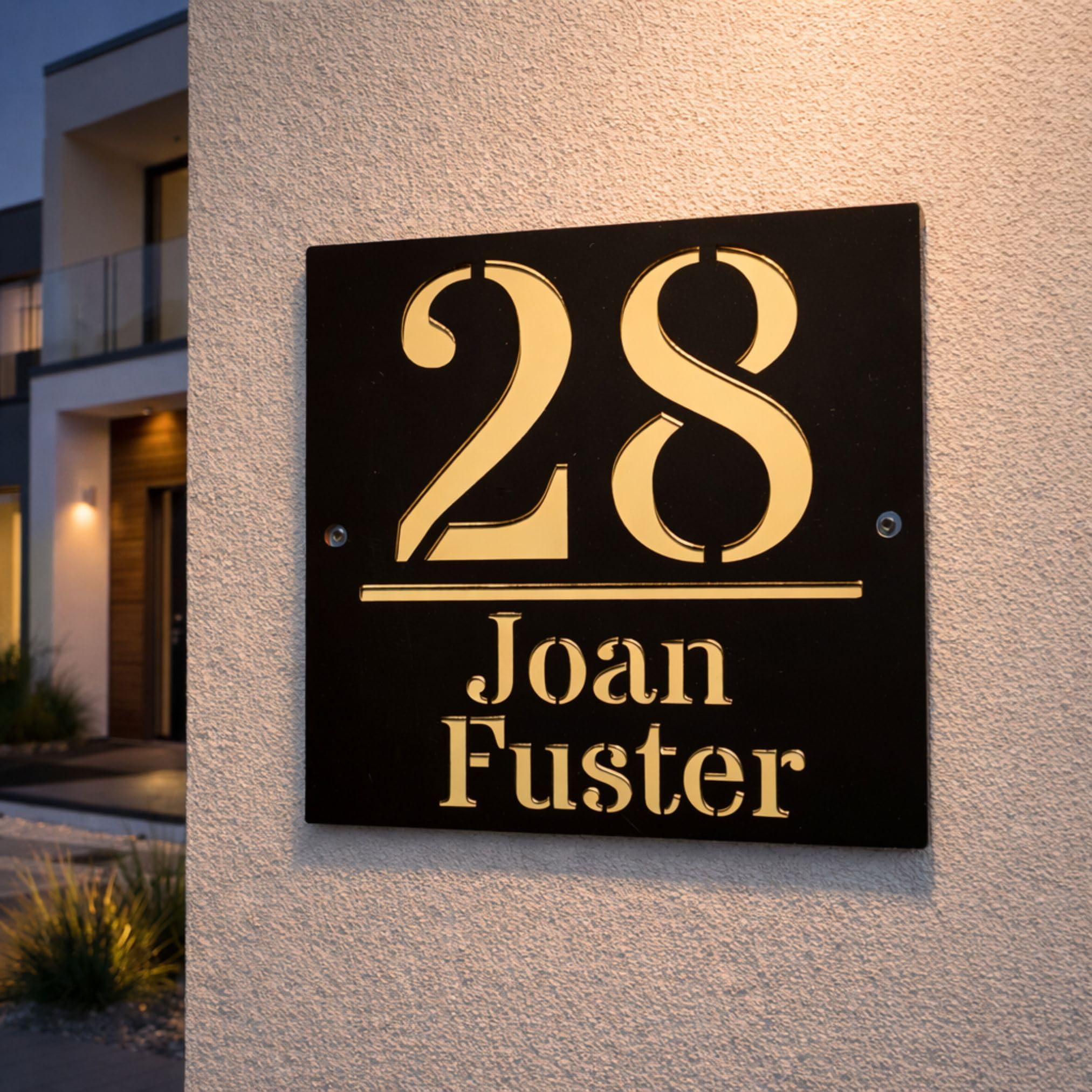 Número de Casa Personalizado con Nombre Placa Exterior Moderna en Metacrilato Negro y Oro – Letrero Dirección Casa Regalo Casa Nueva para Familia Placa Decorativa Olesea