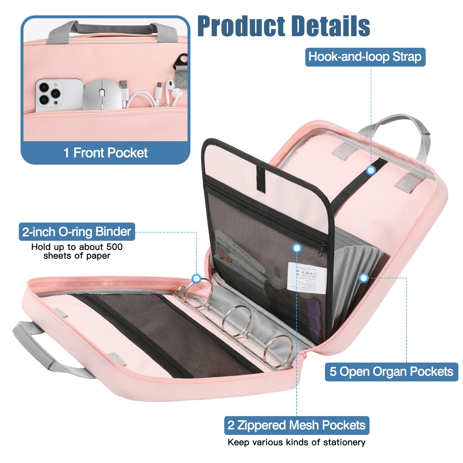 MoKo Carpeta con cremallera, capacidad para 500 hojas, carpeta escolar con cremallera, carpeta de 3 anillos de 2 pulgadas para escuela secundaria, asa y correa para el hombro, rosa y gris | Tejido Oxford 900D repelente al agua con 5 carpetas, 2 bolsillos