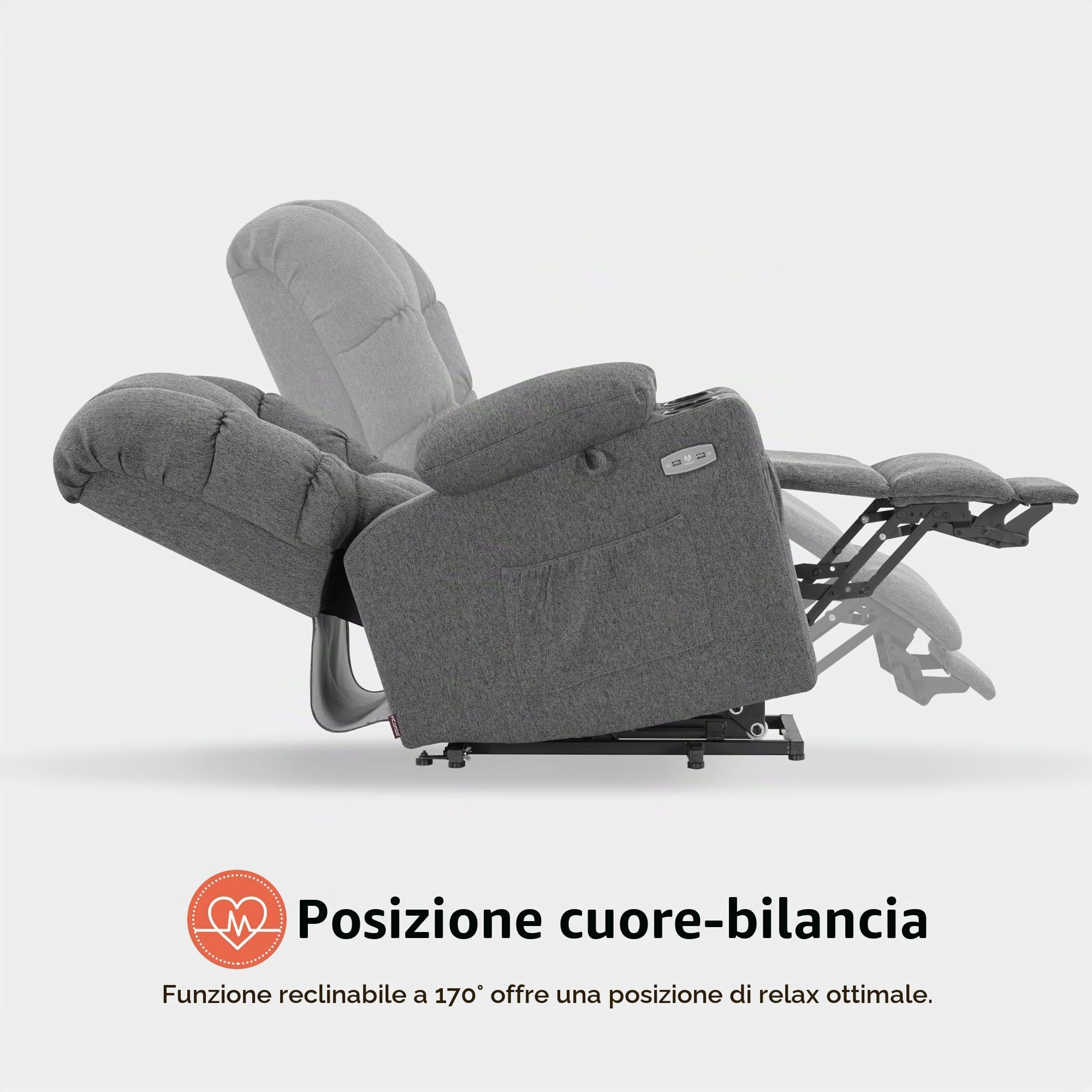 MCombo M poltrona elettrica con 3 motori, schienale e poggiapiedi regolabili, funzione di relax e reclinazione fino a 170°, Testa regolabile 7550 (Grigio)