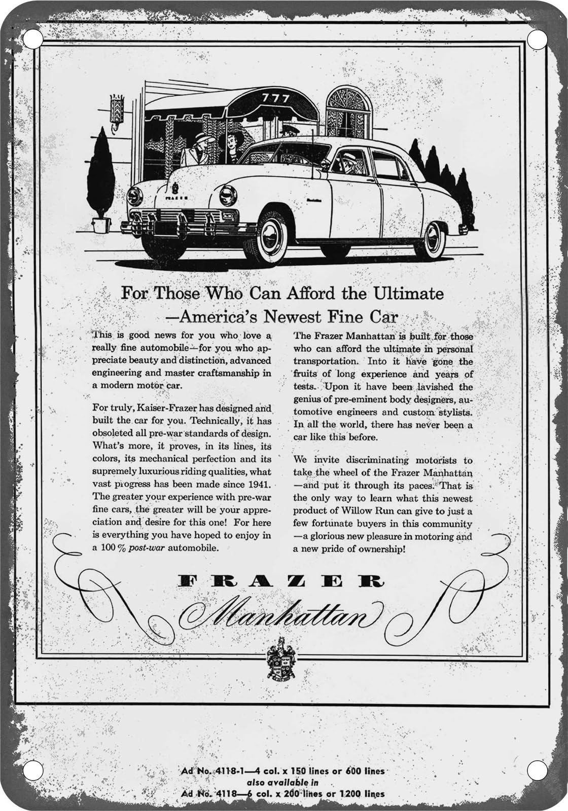 METAL SIGN - 1947 Frazer Vintage Ad 07 - Old Retro Rusty Look home decor