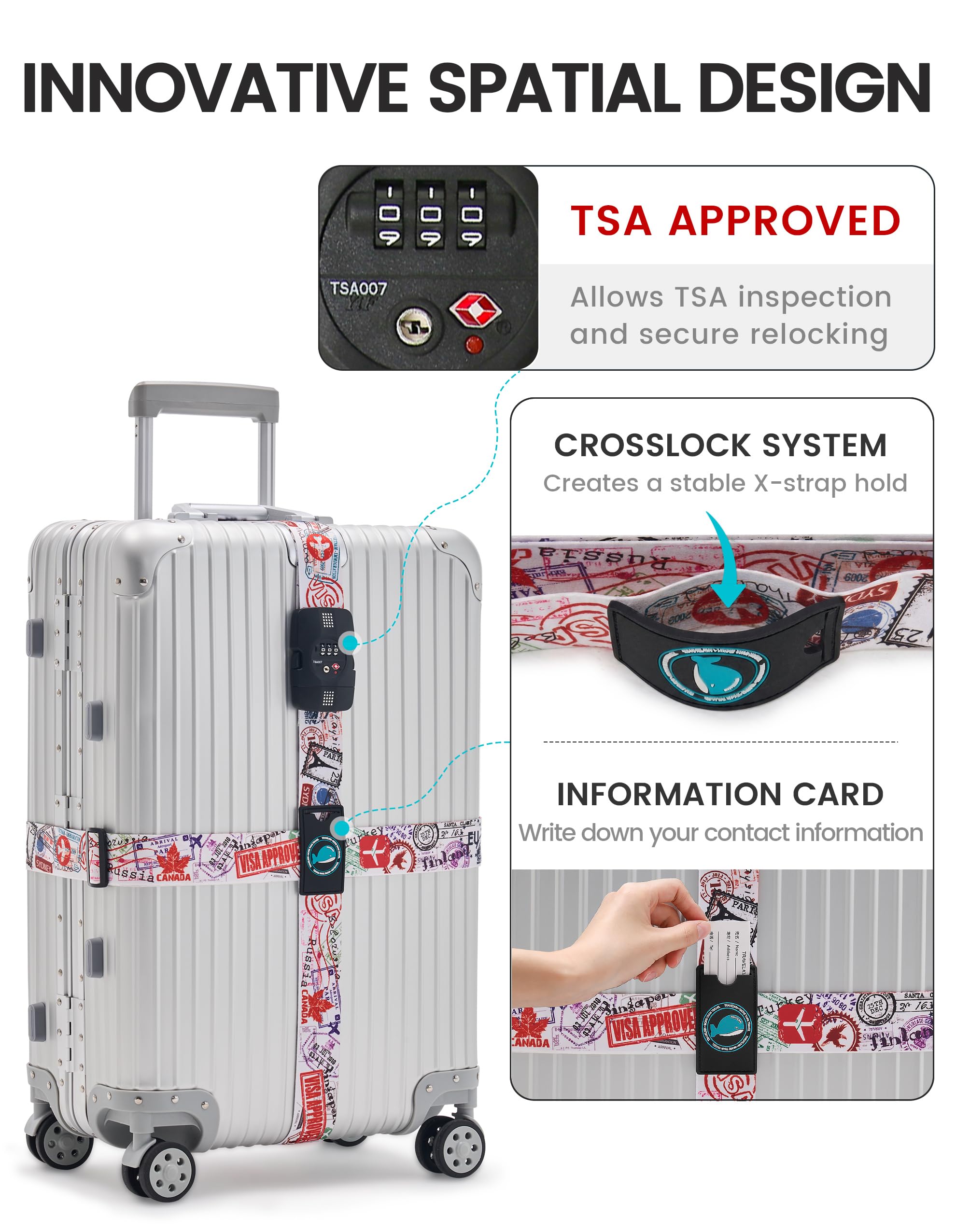 Travelkin Gepäckgurte für Koffer, TSA-geprüft, Koffergurte TSA-geprüft, Gepäckgurt mit TSA-Schloss, passend für 45,7–81,3 cm große Koffer