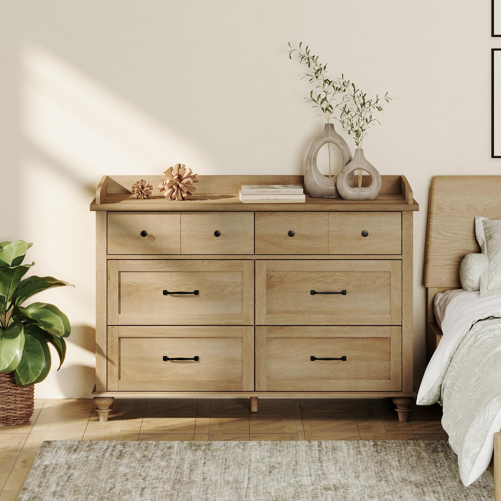 WAMPAT Oak Dresser for Bedroom with 6 Drawers, Kids Dressers with Wide Chest of Drawers, Farmhouse Light Wood Closet Storage Organizer, Horizontal Dresser for Nursery, Living Room, Kids Room