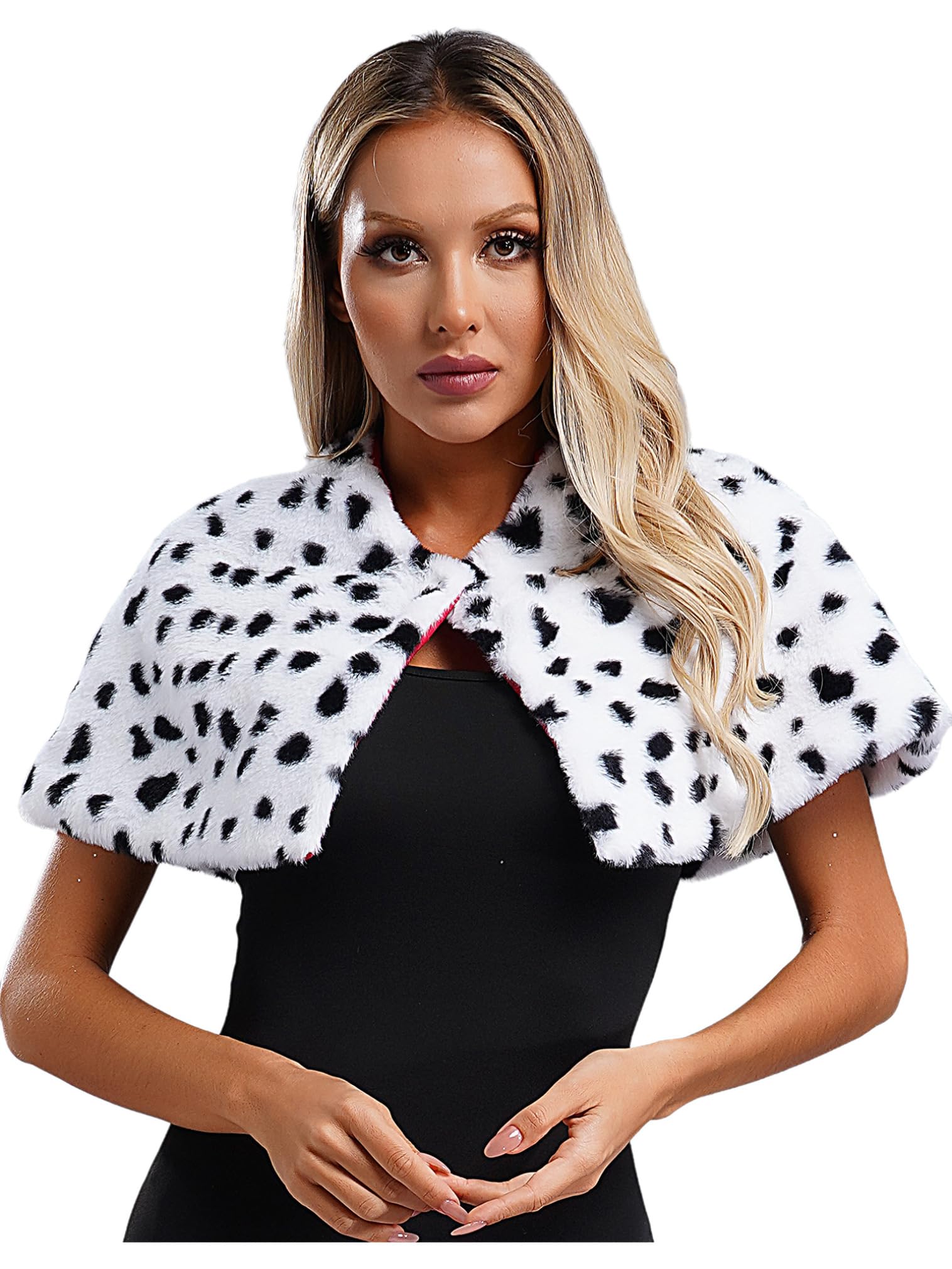 FEESHOW Women's Halloween Dalmatian Print Shawl Faux Fur Black White Stole Cosplay Costume Accessories Type B One Size