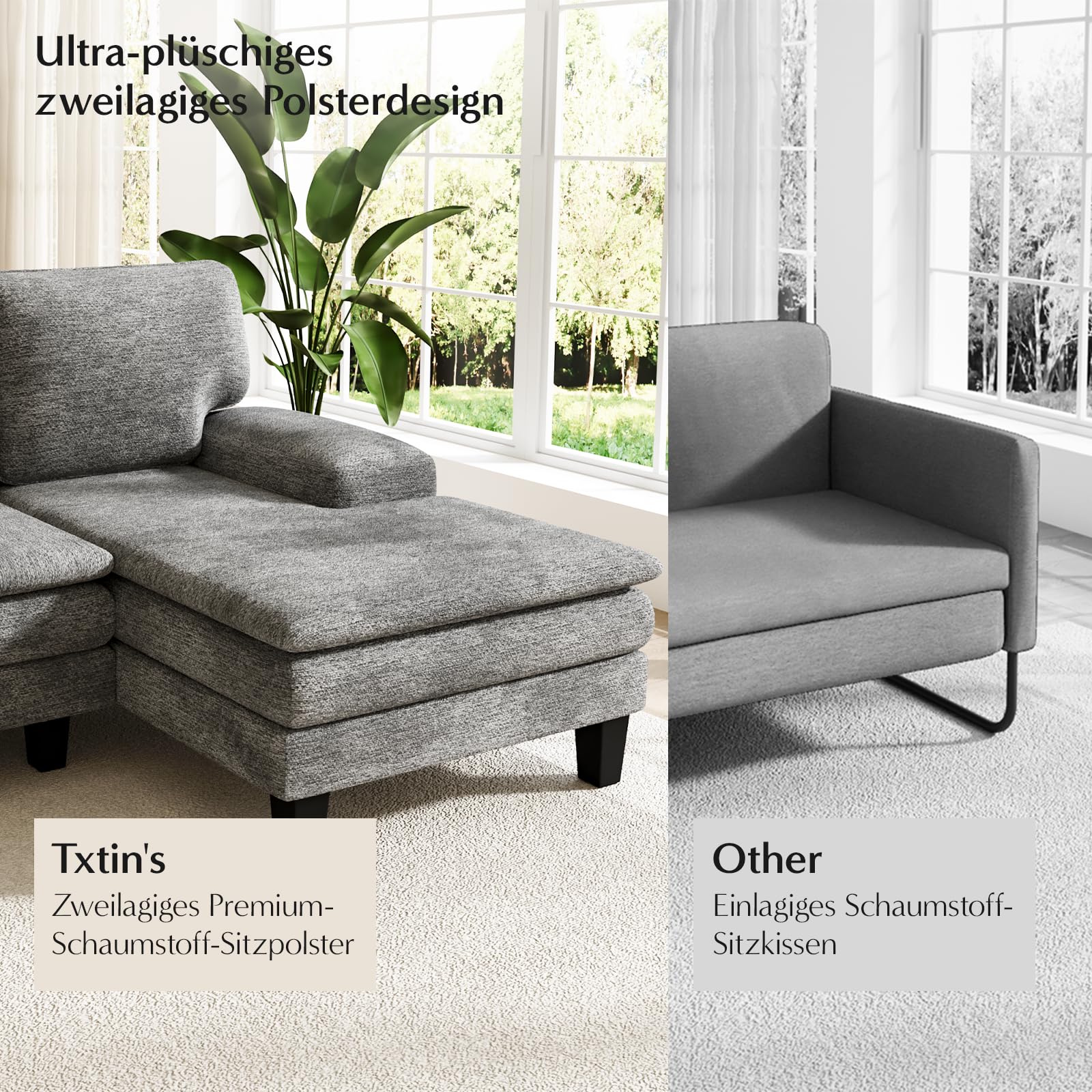 Txtin's U-Form Sofa 4-Sitzer, Ecksofa mit Schlaffunktion, Couch mit Chenille-Stoff, Big Sofa für Wohnzimmer, 279 x 114 x 80 cm, Grau
