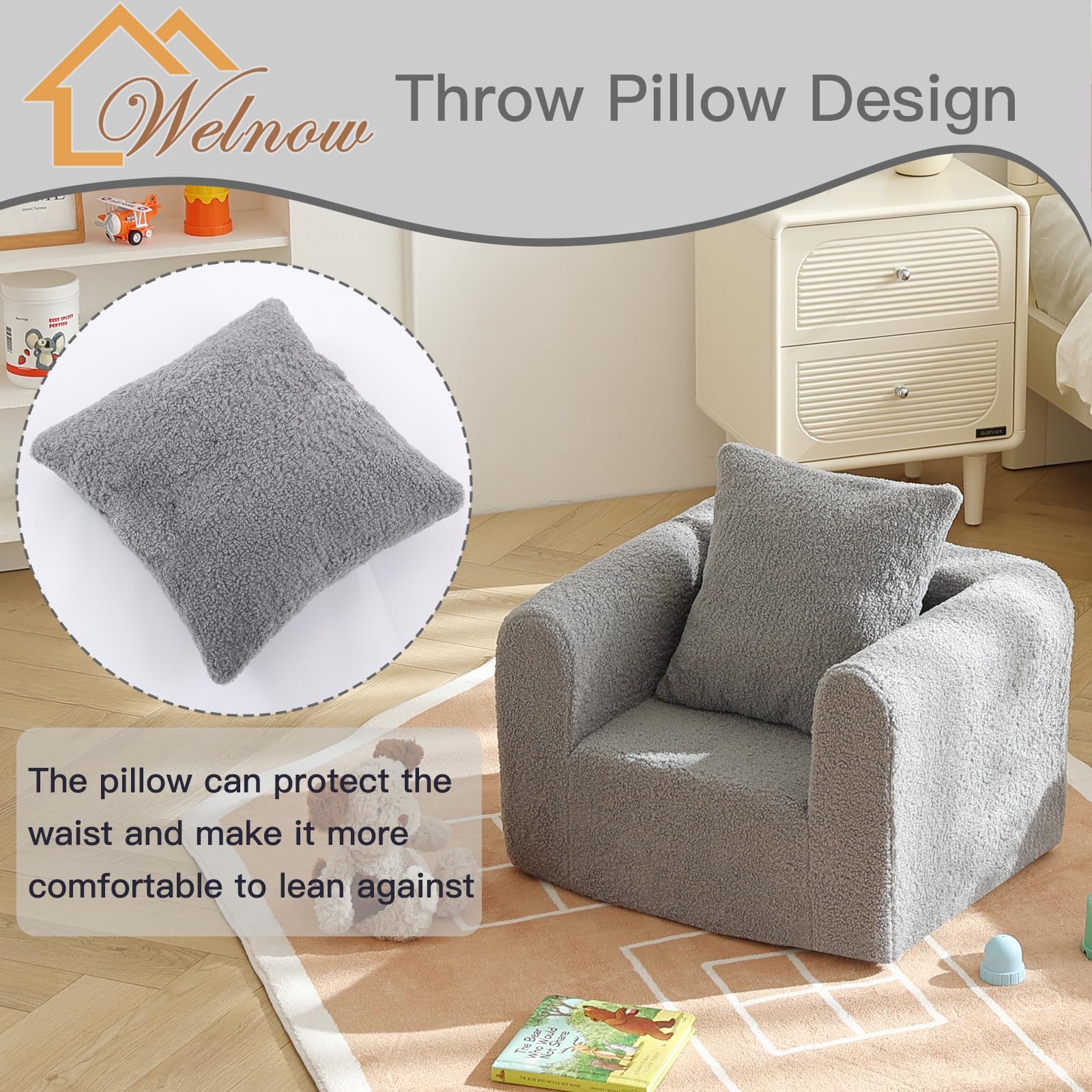 Sofá para niños con almohada, acogedora silla de espuma suave para leer, sofá infantil con reposabrazos, muebles ligeros y cómodos para niños, dormitorio, sala de juegos para niños y niñas, 9