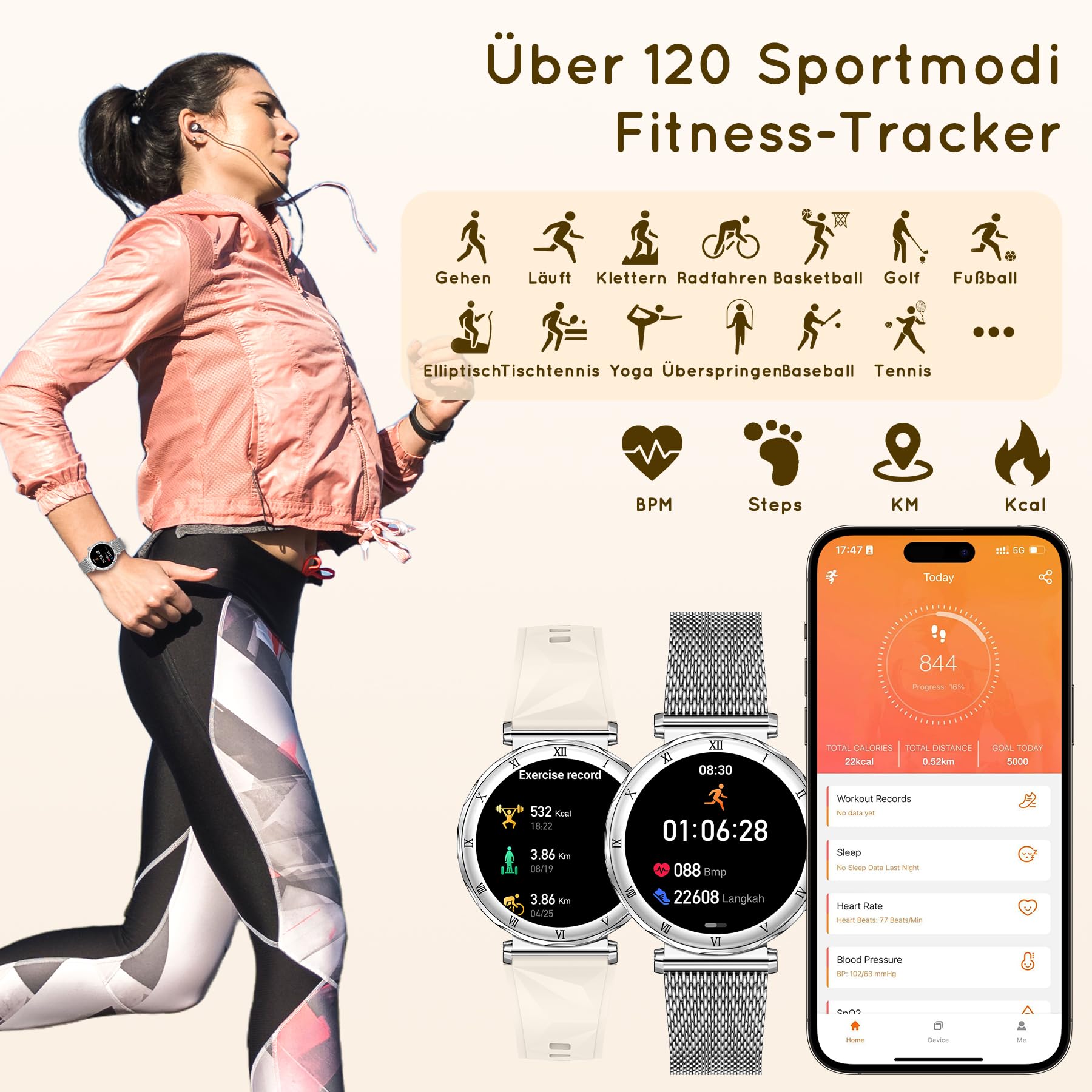 Smartwatch Damen Rund, AMOLED 1,19" Kleine Fitnessuhr mit Telefonfunktion, Schrittzähler, Herzfrequenz SpO2 Schlafmonitoring, 120+ Sportuhr, IP68-Wasserdicht für iOS Android, Silber/Zarte Geschenk