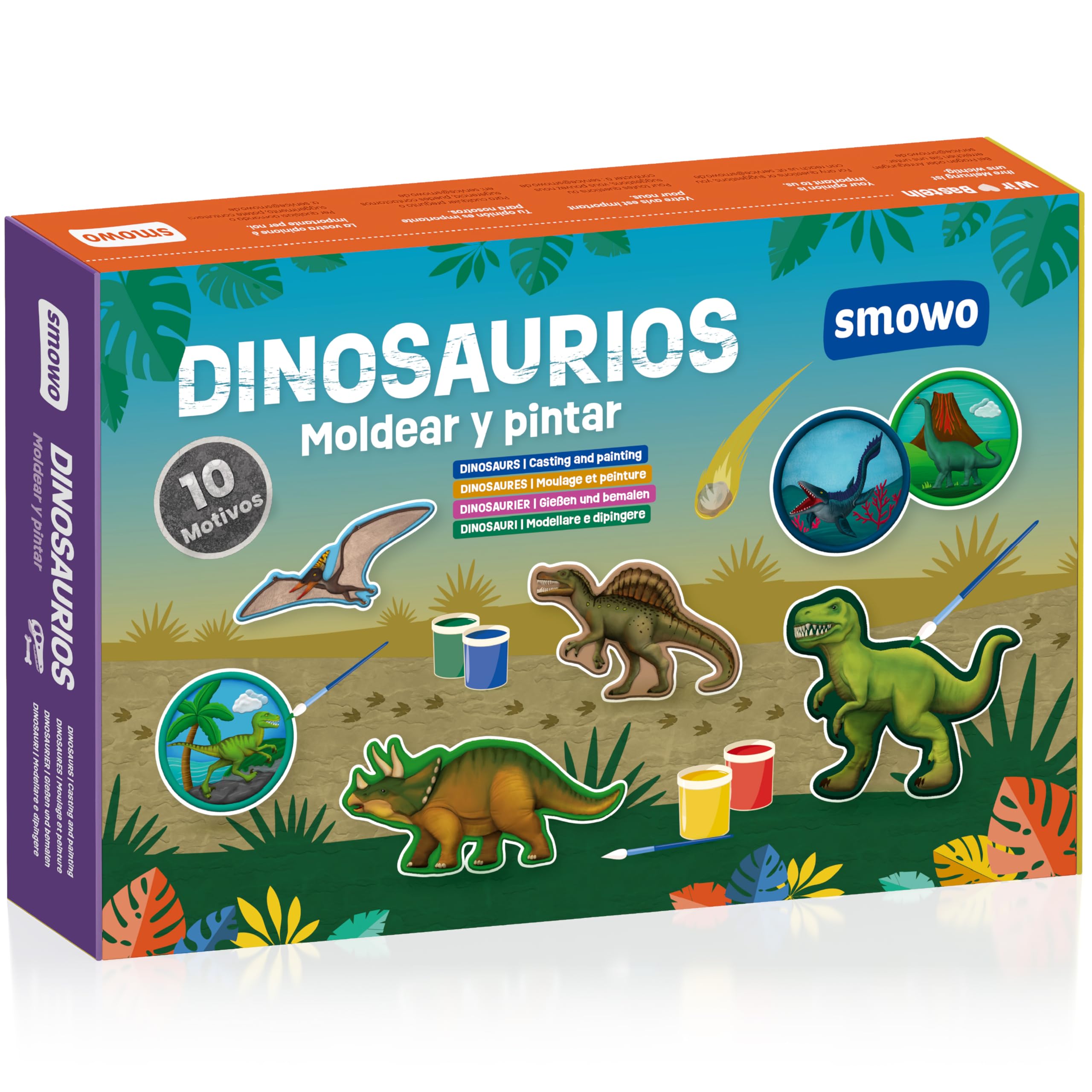 Smowo® 10 Figuras de Dinosaurios de escayola para moldear y Pintar - Juego de Manualidades de Dinosaurios de escayola Que Incluye una enciclopedia para niños creativos