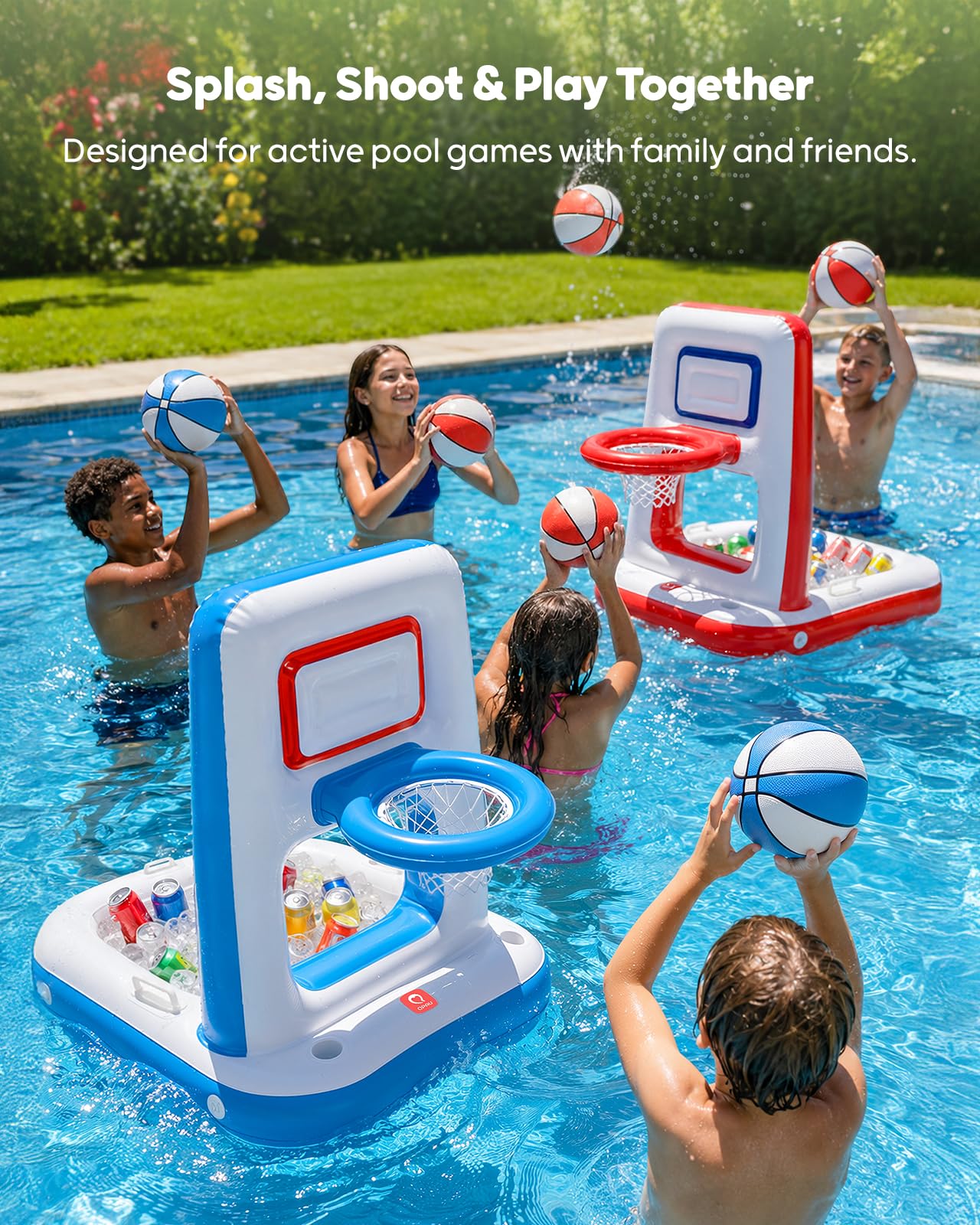 QPAU Pool Basketballregal mit eingebautem Kühlgerät, 42-Zoll, schwimmend, mit 2 Bällen, Pumpe und Kacheln, Poolspielzeug