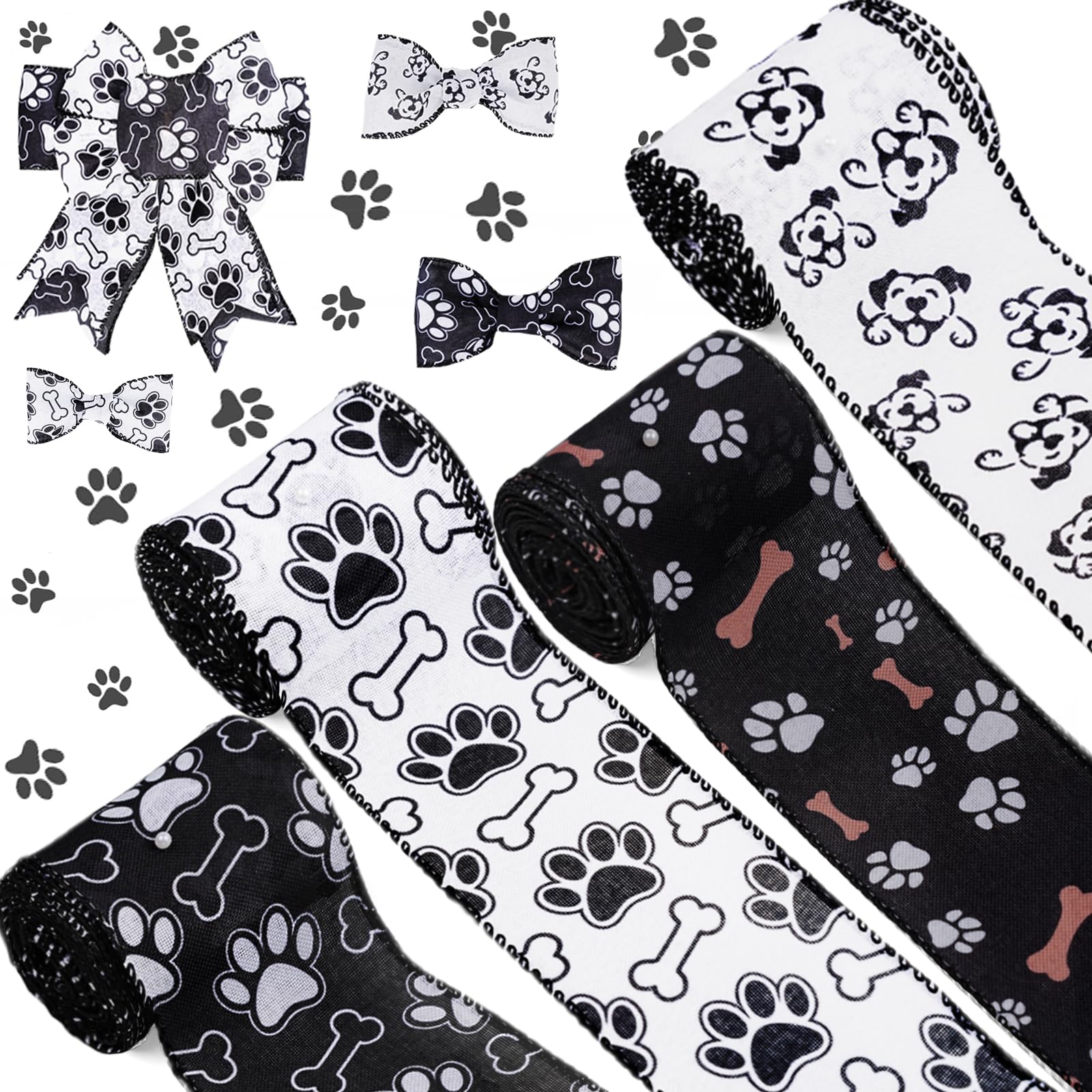 4 Rolls 24 Yards Dog Ribbon 2.5 Inch Wired Paw Print Wired Ribbon for Christmas DIY Wrapping Wedding Floral Bows Decor Home Party Ornaments (Dog Paw)