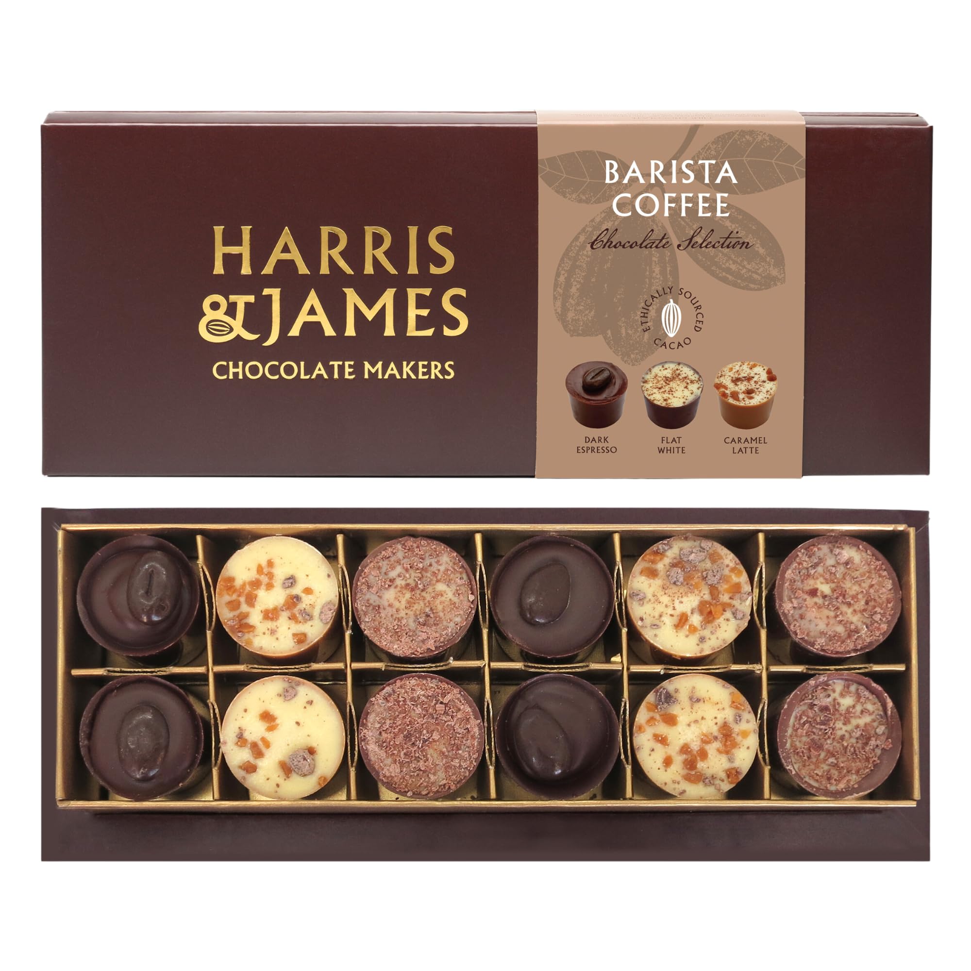 Harris & James Barista Collection 12 Piece Chocolate Selection Box. Handmade Luxury Coffee Chocolates From Bean To Bar. Dark Espresso, Flat White & Caramel Latte Milk & Dark Mixed Selection Box (180g)