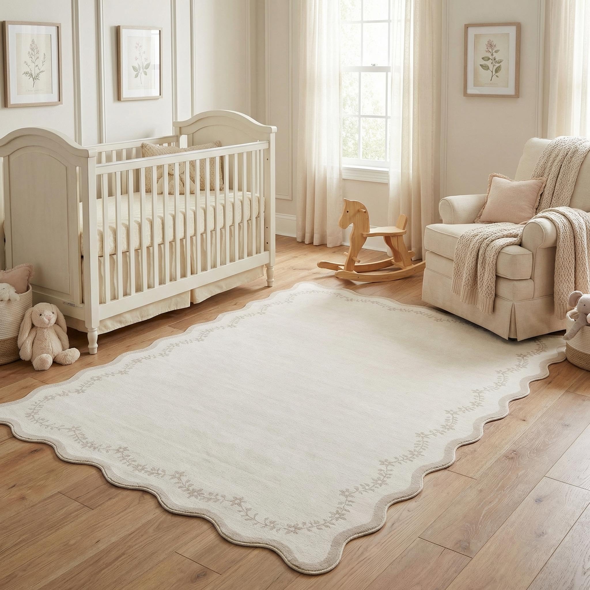 FairyStyle Scalloped Beige Area Rug, Washable 120 x 170 cm for Living Room — image 1
