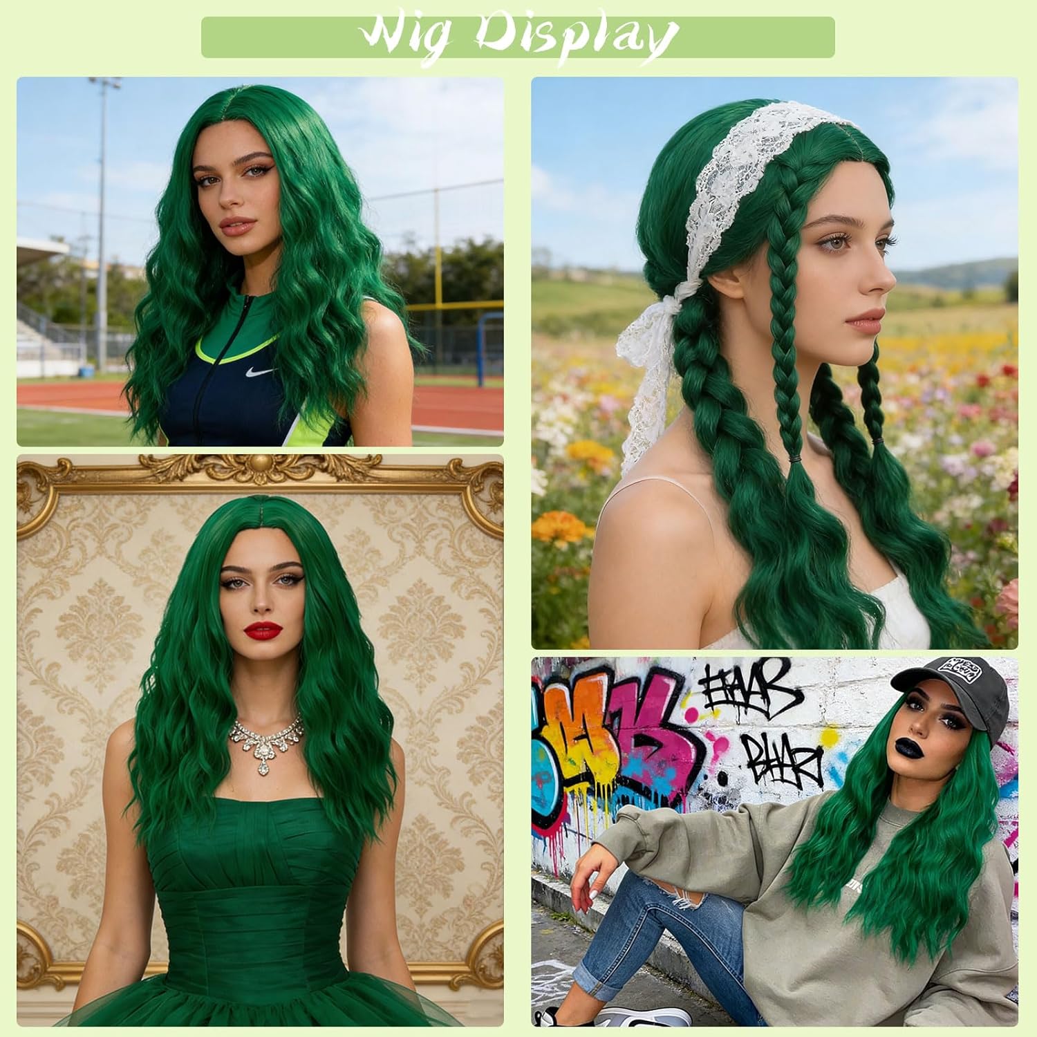 18" Long Dark Green Curly Wavy Wig For Women Heat Resistant Fiber Wigs Halloween Cosplay Daily Party+Cap (Dark Green) - Image 2