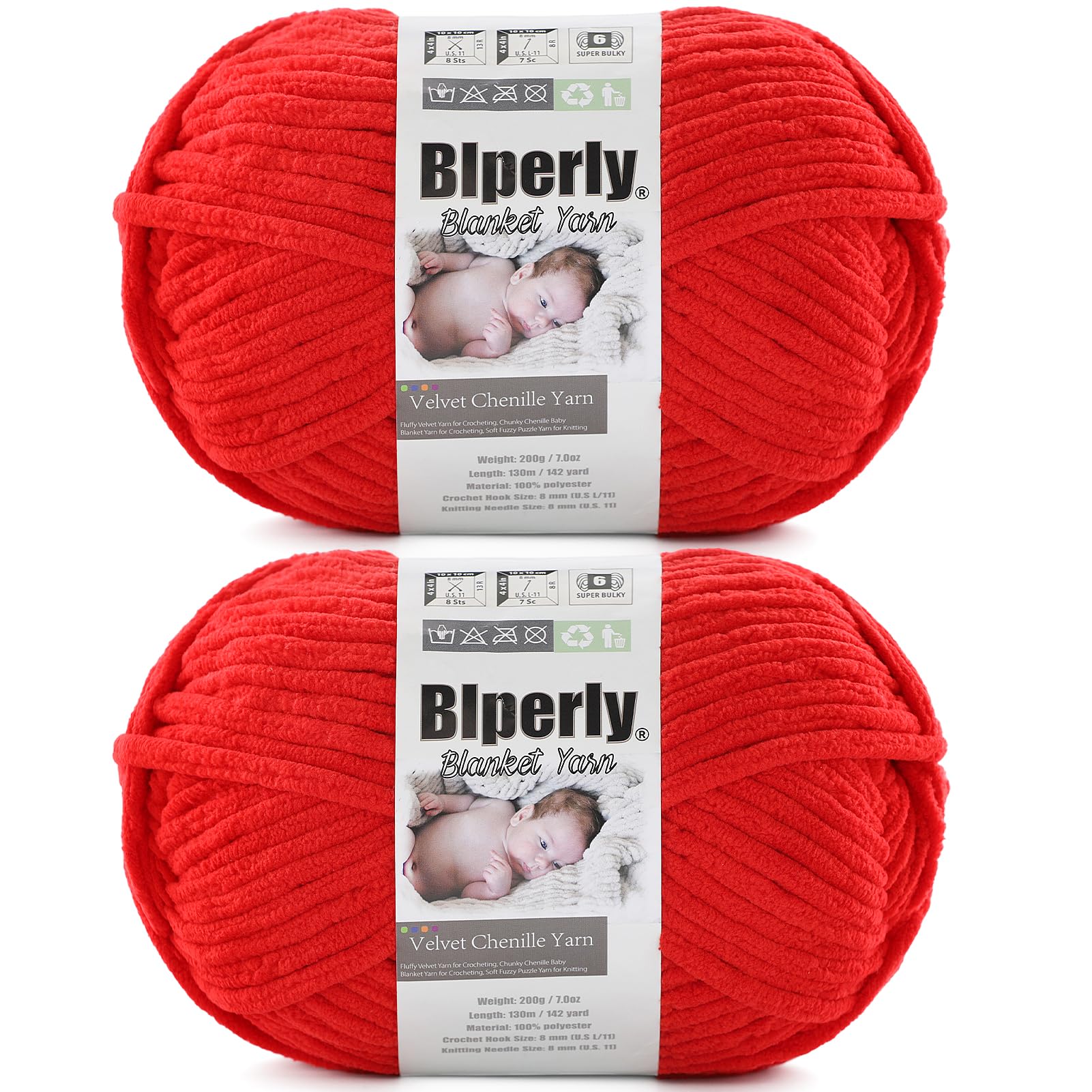 6 Super Bulky Velvet Chenille Yarn for Crocheting - 2 Skein of 200g/7 oz - Ultra Soft Heavy Weight Chunky Knitting Yarn for Baby Blankets, Amigurumi, Home Decor（Bright Red，2 Skein）