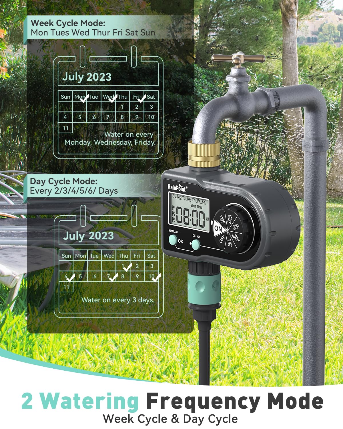 RAINPOINT Temporizador de aspersor con 3 programas individuales, temporizador de agua de entrada de latón para manguera de jardín, controlador de aspersor, sistema de riego automático/manual para