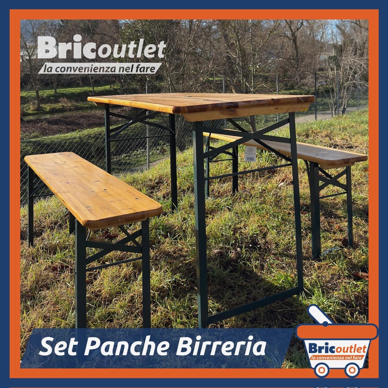 Set Birreria 2 Panche e Tavolo in Legno Naturale, Richiudibile, Salvaspazio 120x60cm