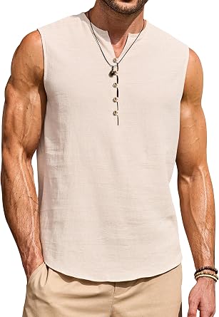 VOGSTART Mens Cotton Linen Tank Top Beach Sleeveless Henley Vest S-XXL | V Neck, Summer, Vacation, Sleeveless, Dressy, Lightweight, Casual, Beach
