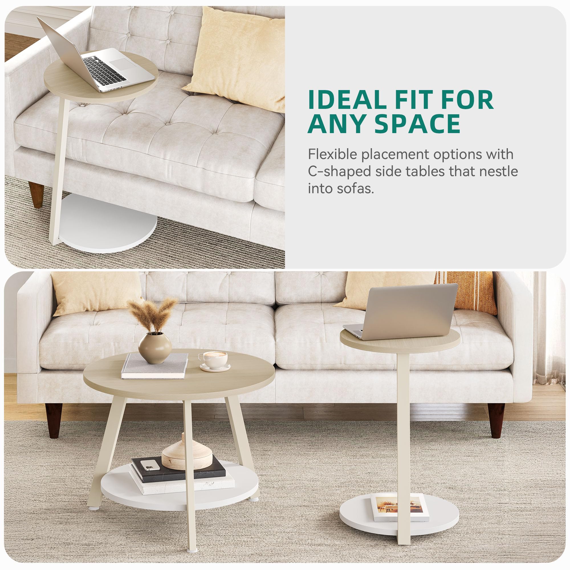 Lot De 2 Tables Basses Rondes Gigognes YITAHOME - Design Moderne Blanc Et Doré Avec Rangement, Charge 75kg