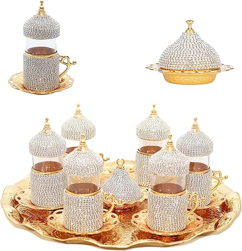 Alisveristime Juego de vasos de té turco adornados con cristales con soportes y platillos de Zamak (juego de 6) (dorado)