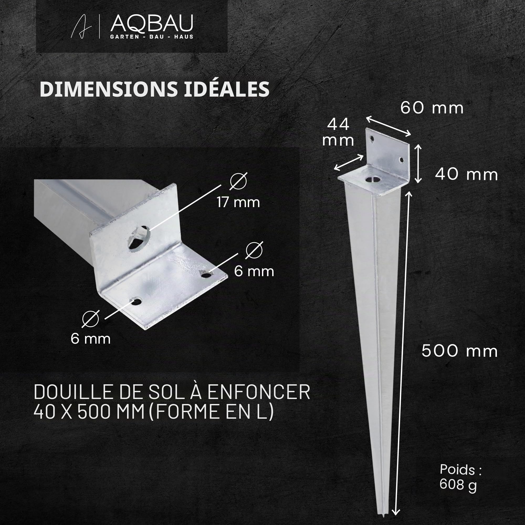 Lot de 4 Support Poteau Bois – Support de Poteau à Enfoncer Universel en L – Fixation robuste pour Poteaux Bois et Jardin – Douille à Frapper Galvanisée à Chaud 40x500mm