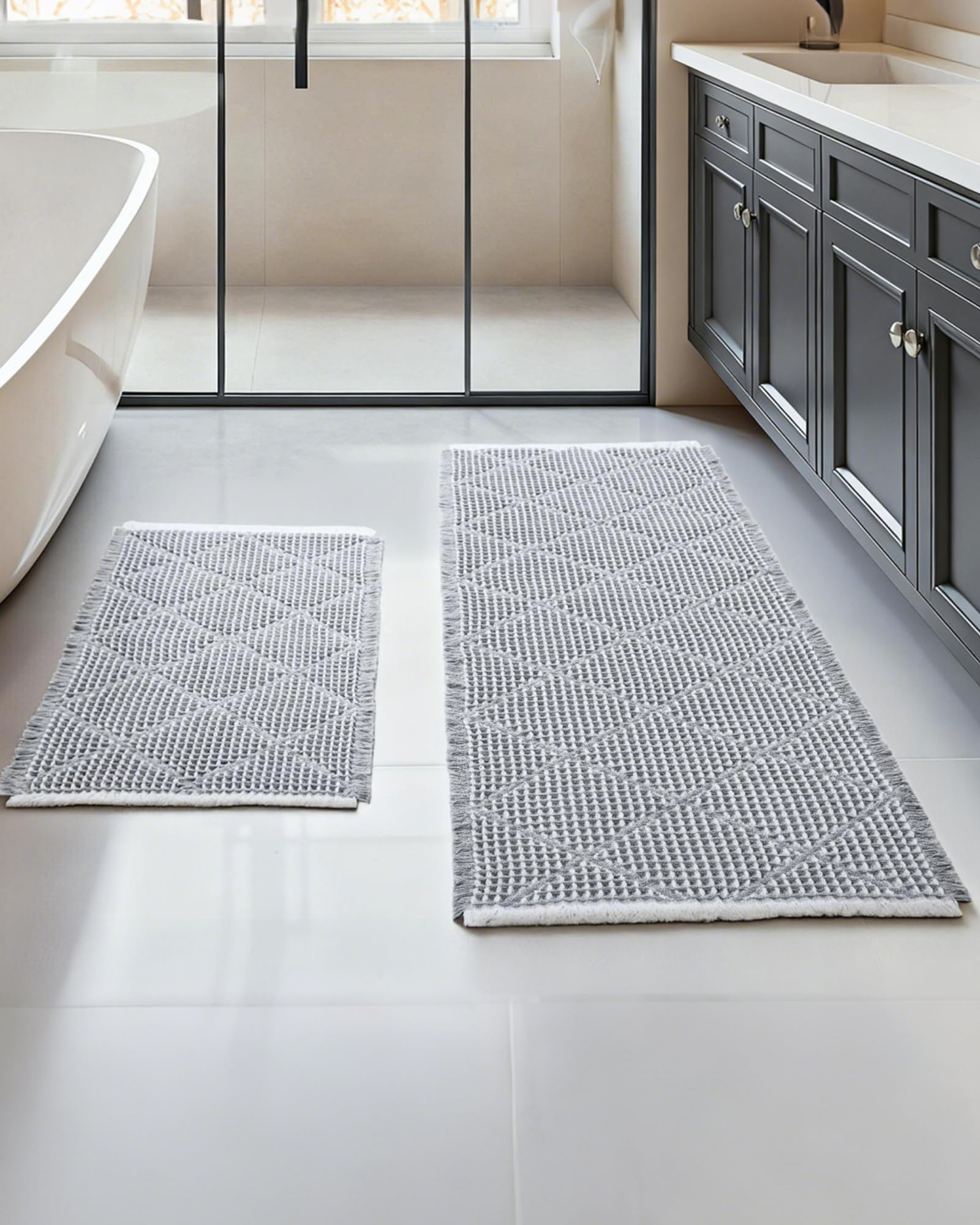 Furicher Waffle Bath Mat Set, Non Slip Bathroom Rugs Sets 2 Piece, Ultra Absorbent Long Bath Rug Runner for Bathroom Decor, Machine Washable Boho Mats