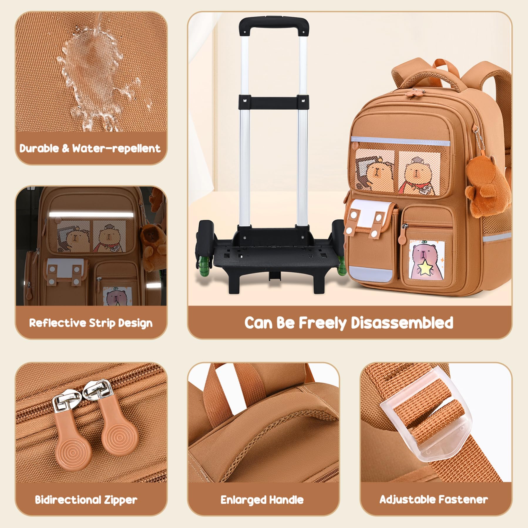Zaino Trolley con 6 Ruote Zaino Capibara di Capacità con Maniglia Retrattile Borsa da Scuola Impermeabile per Cartoni Animati Cinghia Riflettente per Bambini Ragazzi Ragazze Studenti, Decorazi