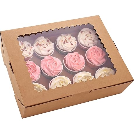 15-Set Cupcake Boxes Go: Kraft Cupcake Holder Carrier with Windows, Inserts for 12 Standard Cupcakes