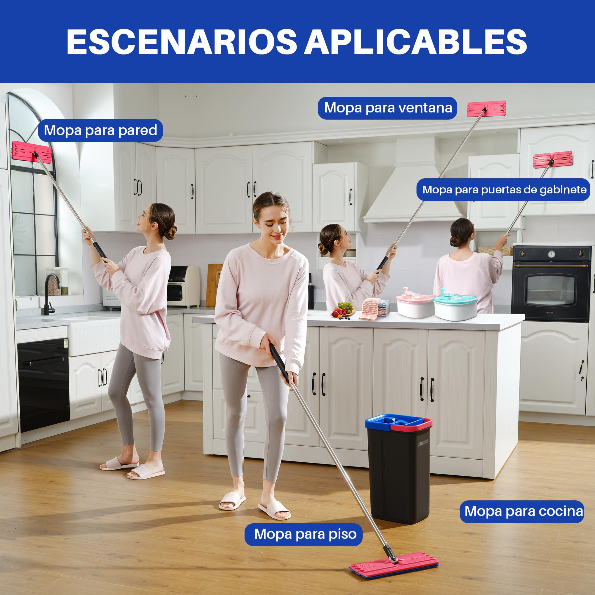 JOYMOOP Juego de mopa y Cubo para el hogar, Sistema de autolimpieza Manos Libres, 3 Almohadillas de Microfibra Reutilizables, para Pisos y Paredes - Negro + Rojo + Azul Pizarra