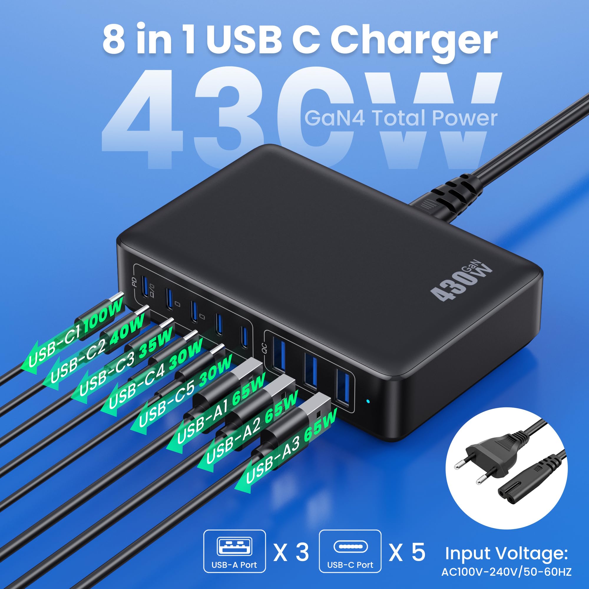 430W Caricatore USB Multiplo,8 Port GaN Ⅳ 100W PD Caricabatterie Multipla PPS QC Alimentatore USB C Stazione di Ricarica Multipresa per MacBook Air/Pro Laptop iPhone iPad Samsung SteamDeck-Nero