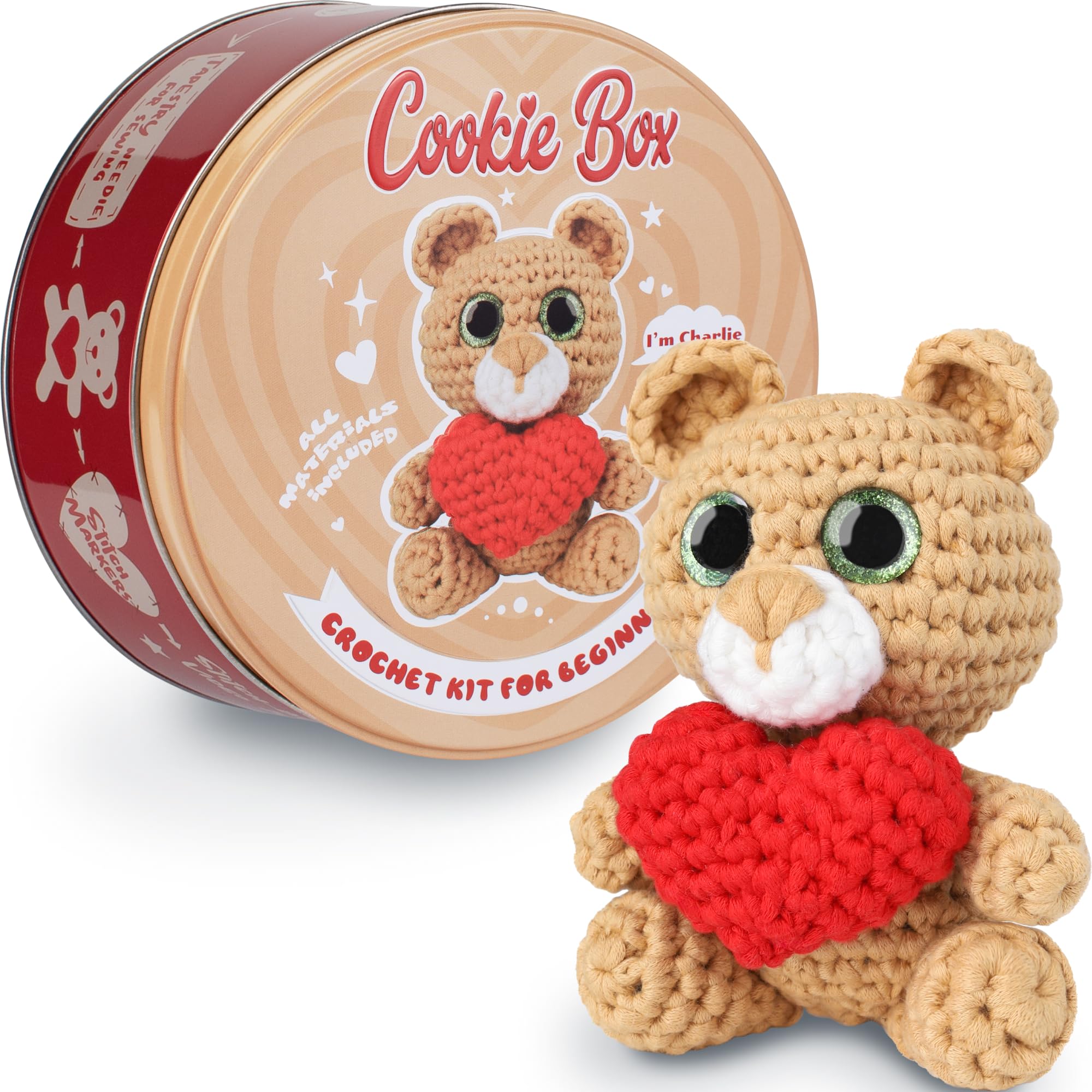 Cookie Box Original Crochet Kit for Beginners – Gift Set to Make Bear Charlie Amigurumi Plushie – Easy DIY Crochet & Knitting Starter Kit with Video and PDF Tutorials