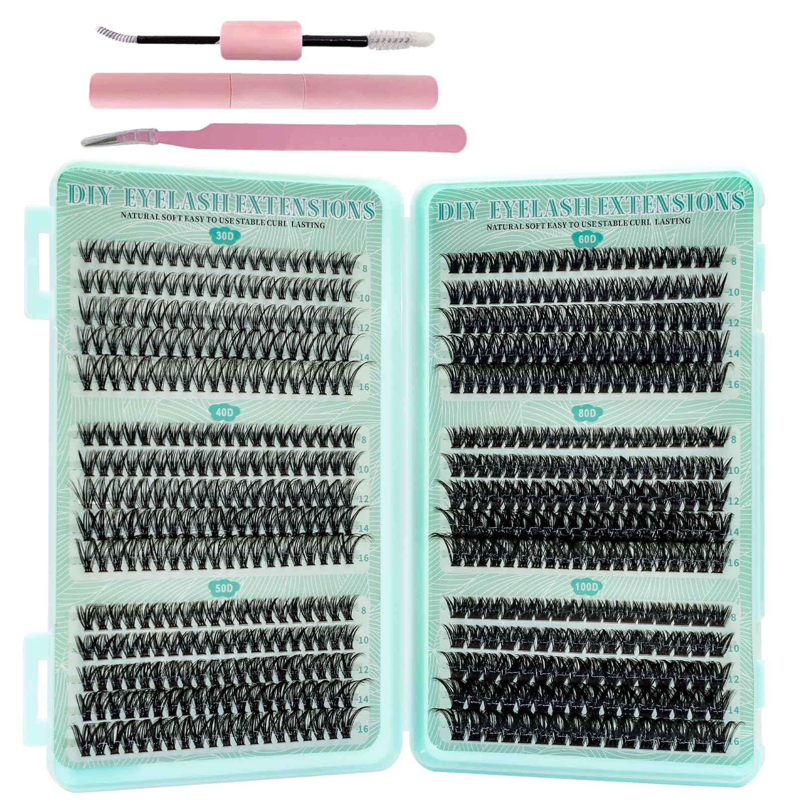 VEGCOO 570 Pezzi Ciglia Finte Extension Ciglia 30-40-50-60-80-100D Curl Ciglia-Finte Ciuffetti per Estendere le Ciglias a Casa Eyelashes Naturali per Ragazze e Donne Principianti con Accessori(8-16mm)