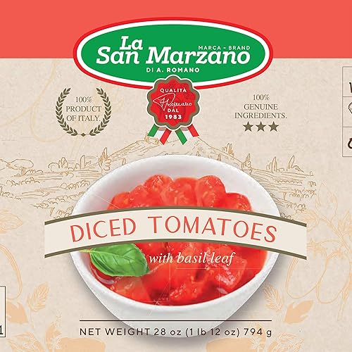 Miniatura 2 de Tomates italianos enlatados en cubitos con hoja de albahaca La San Marzano 100% producto de Italia lata de 28 onzas  Ingredientes 100% genuinos con