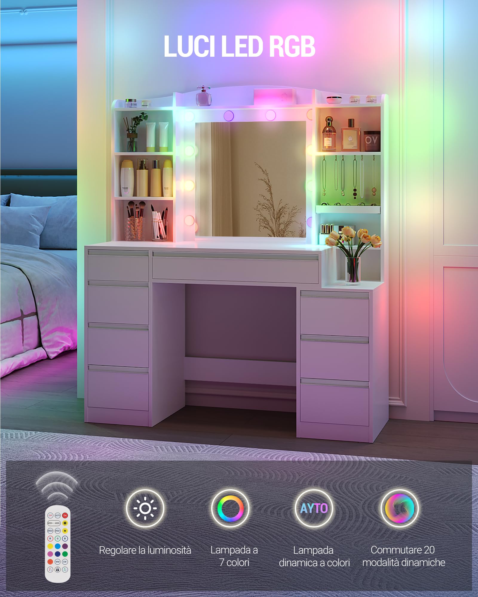 Hzuaneri 120 cm Toeletta da Trucco con 8 cassetti, Grande Specchio con Illuminazione LED RGB, Luminosità Regolabile, Contenitore per Gioielli Integrato, Piano di Lavoro Largo con Comodino, Bianco