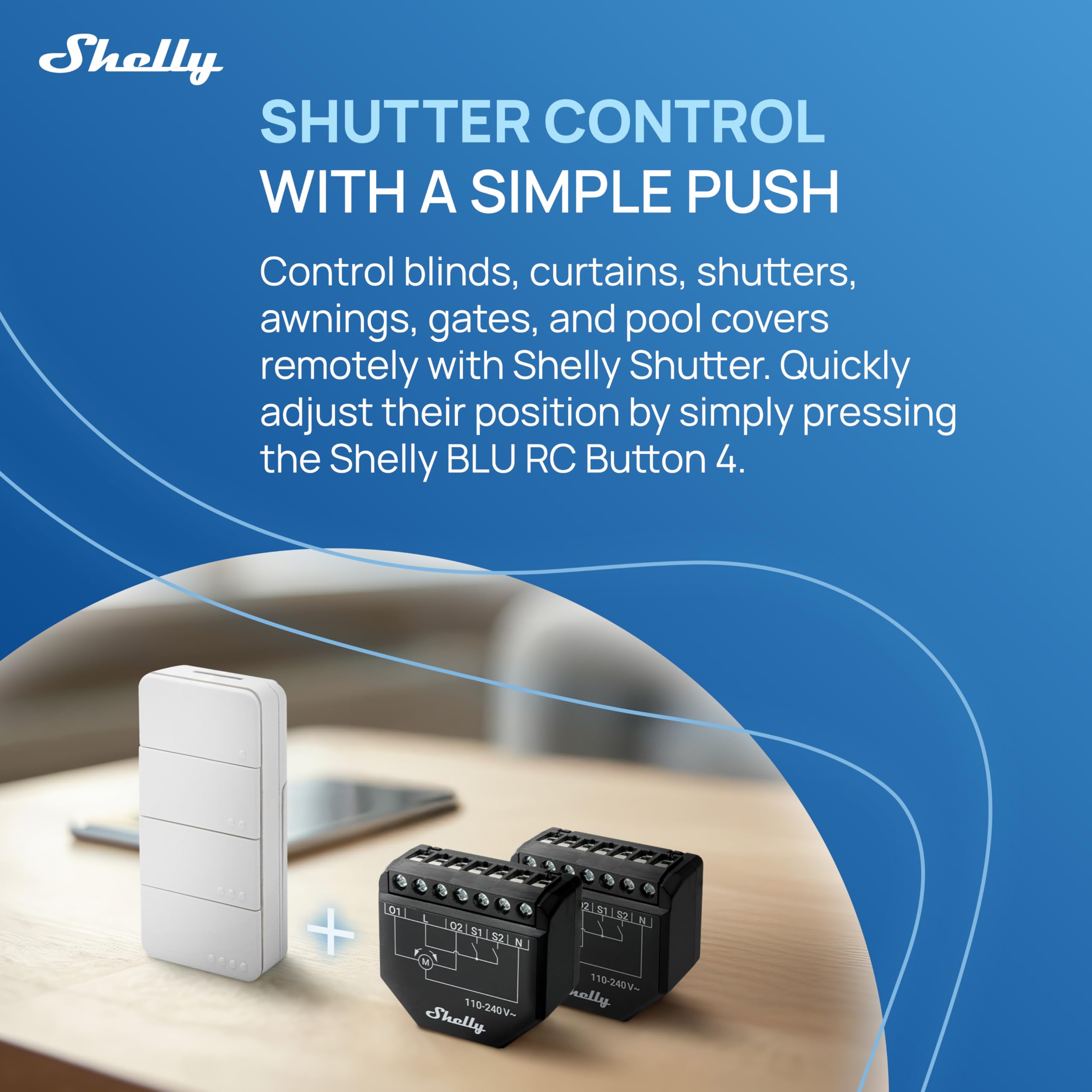 Shelly Shutter x2 & BLU RC Button 4 (Bundle) - Wi-Fi Interruttore a Relè Intelligente, 2 Canali, 4A, Monitora il Consumo di Energia, Tende & Tapparelle, Nessun Hub Richiesto, Alexa e Google Home