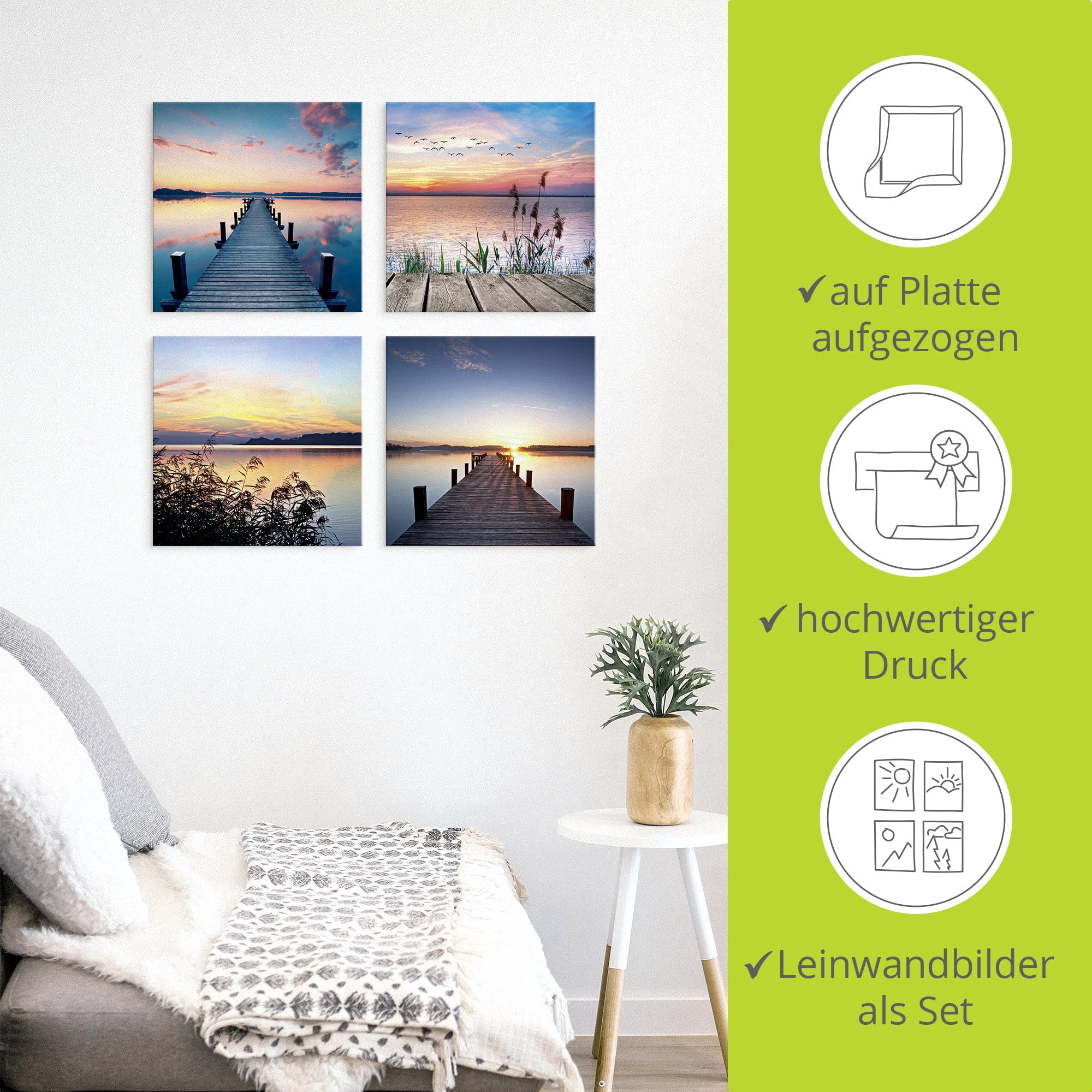 ARTLAND Wanddeko Strandbilder Leinwand Bilder Set 4 tlg. je 40x40 cm Quadratisch Wandbilder Landschaft Gewässer See Pier Abend Schilf Sonne K2JK