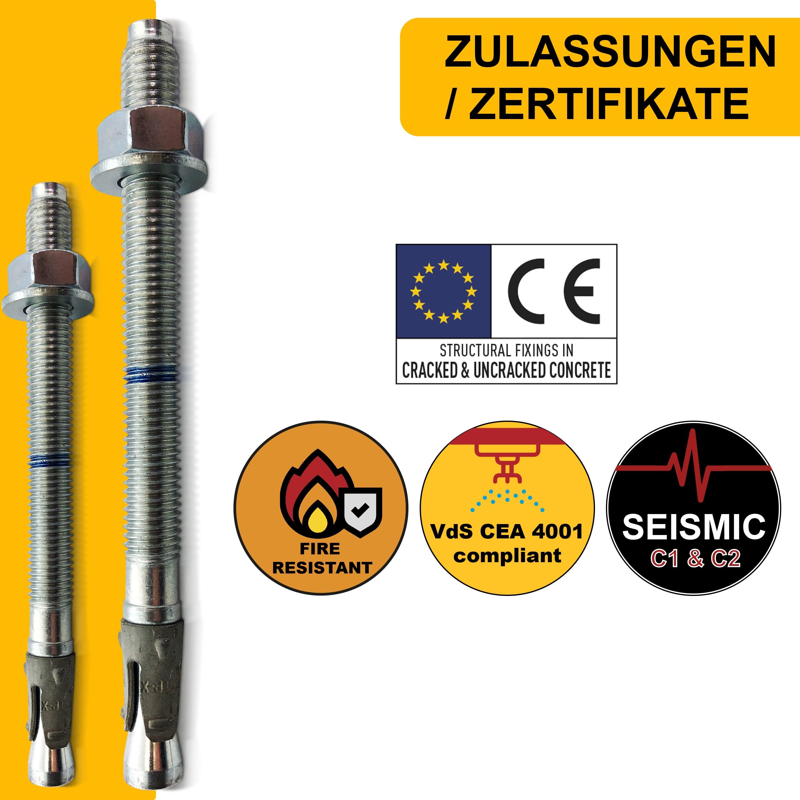 Tasselli professionali per carichi pesanti M12 x 220 – 10 pezzi | zincati – Omologazione ETA | Opzione 1 per calcestruzzo incrinato e incrinato | Ancoraggio per carichi elevati | Bulloni di ancoraggio