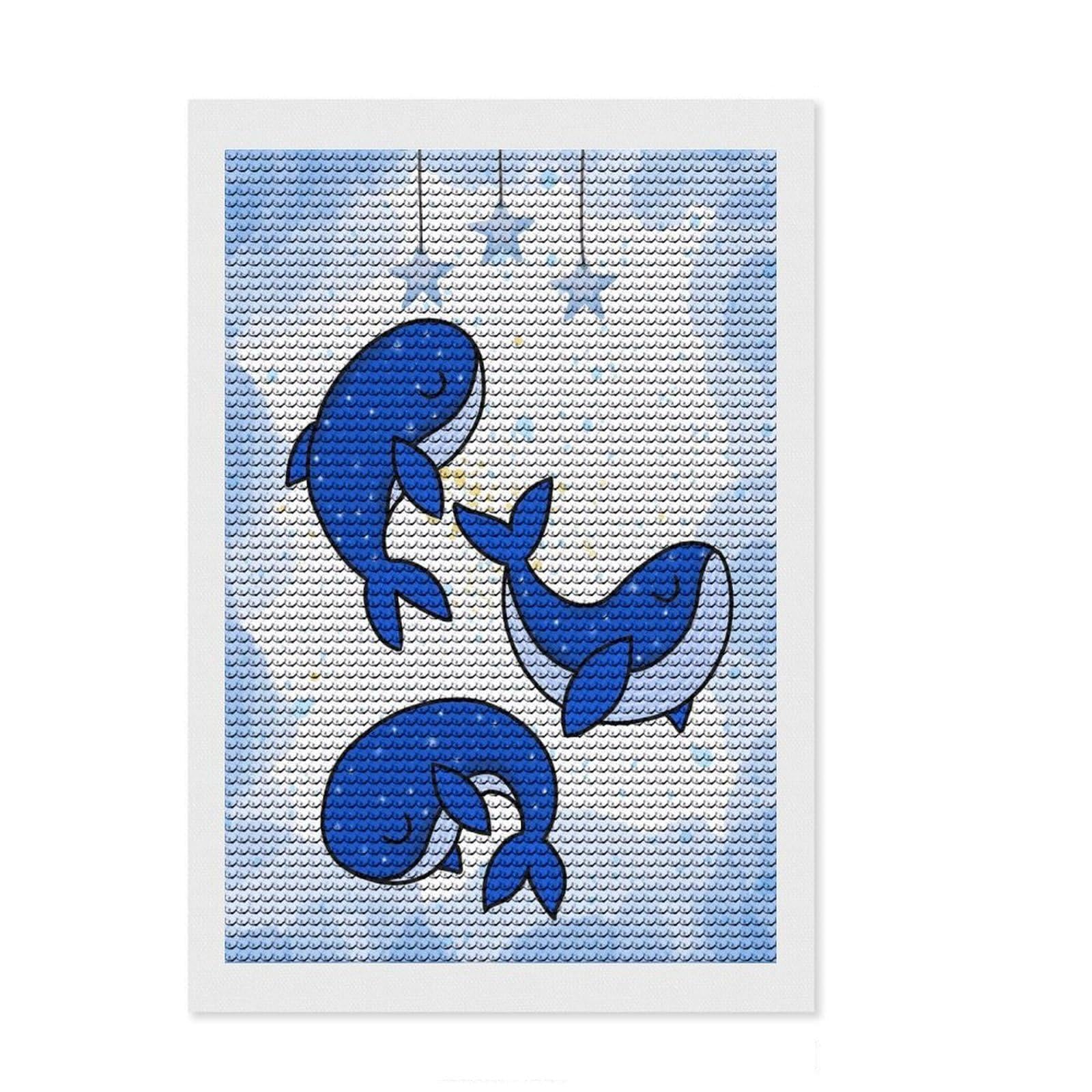 Junmoney Cute Blue Whales with Stars Illustration Diamond Painting Set 8"x12", Festive Home Decor, with Tool Kit, Gift Idea, Thoughtful Present, Creative Hobby