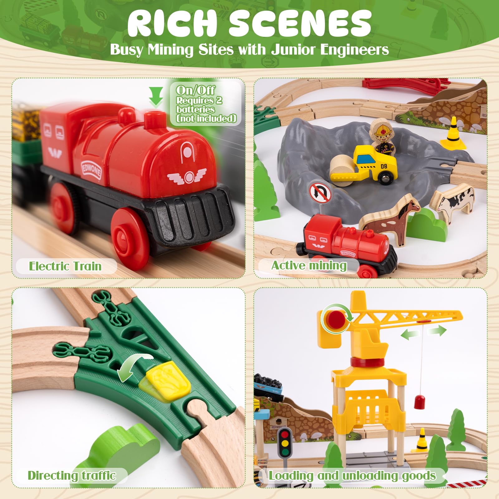 Holzeisenbahn Set, Bergbau-Zugset für Kinder, Spielzeugeisenbahn für Jungen und Mädchen mit Holzeisenbahnschienen, Modelleisenbahn-Set, Bergbau Themen Holzeisenbahn Spielzeug, Geschenk für Kinder