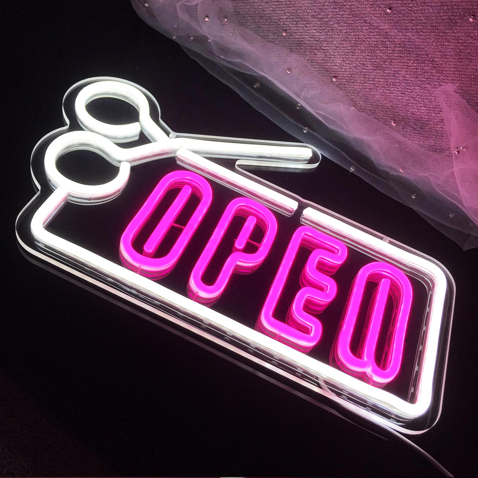 Neon Sign Open Light Sign Hair Salon Front Window Decoration Scissor Shape LED Neon Light Salon Barber Shop Wall Decoration Gift for Hair Stylist HairdresserUSB Powered and Dimmable(Pink + White) - Image 2