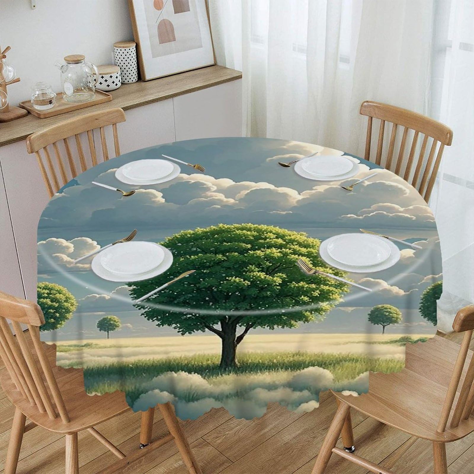 LZQPOEAS Growing Tree Round Tablecloth Rustic Circle Table Cloth Wrinkle Resistant Decor Tablecloth Waterproof Washable Table Cover for Kitchen Party Dining Table 60 Inch