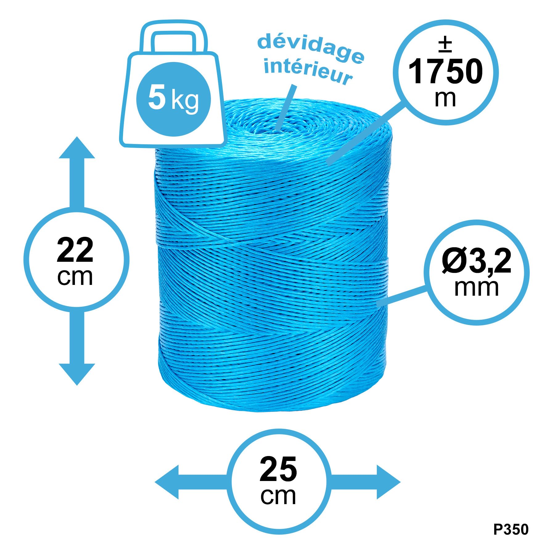 Ficelle agricole en Polypropylène, diamètre 3,2 mm, dévidage intérieur, longueur 1600 m, teinte bleue, Flandria P350
